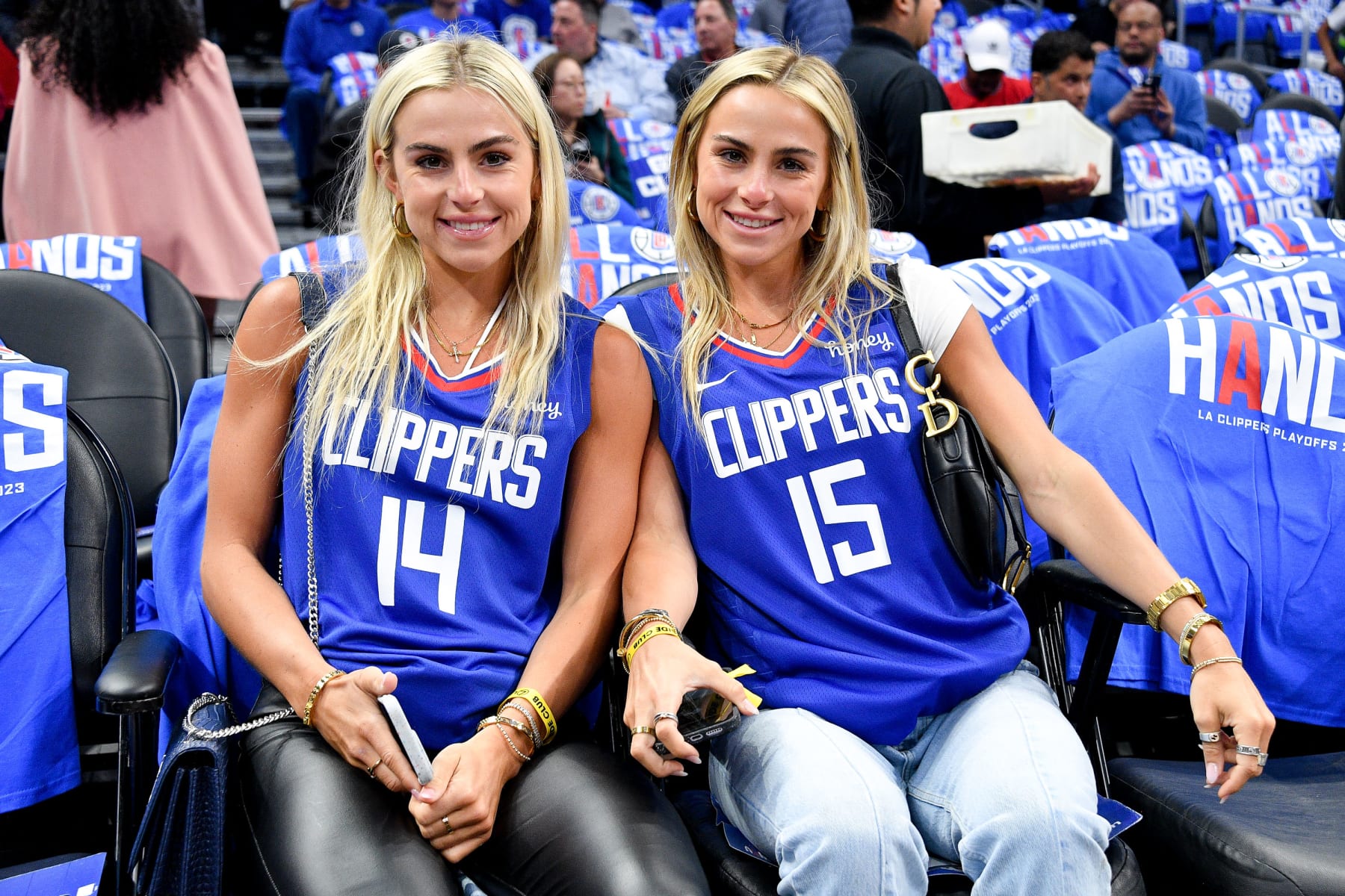 LOS ANGELES, CALIFORNIA - APRIL 20: Haley Cavinder and Hanna Cavinder attend a basketball game between the Los Angeles Clippers and the Phoenix Suns at Crypto.com Arena on April 20, 2023 in Los Angeles, California. (Photo by Allen Berezovsky/Getty Images)
