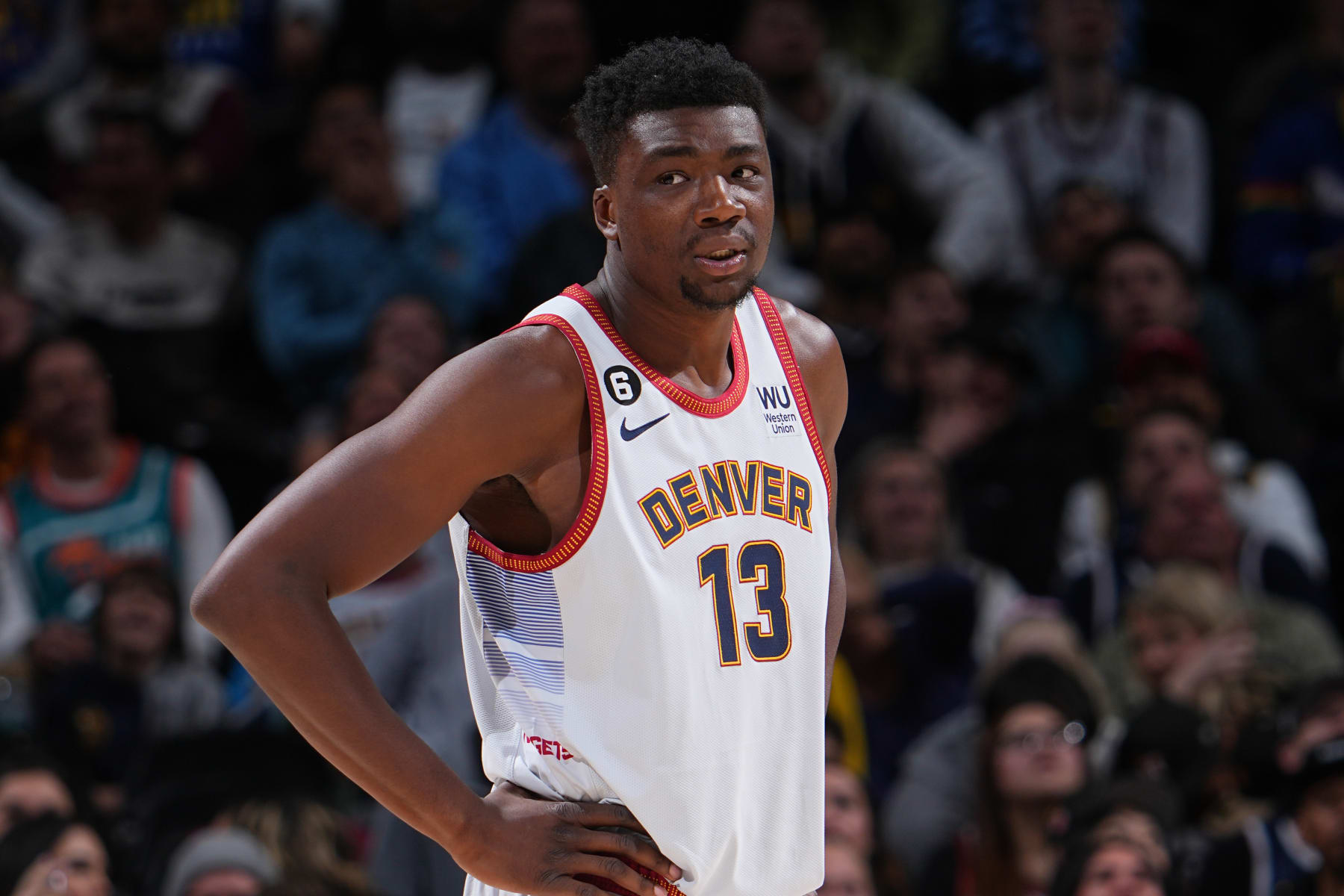 DENVER, CO - MARCH 6: Thomas Bryant #13 of the Denver Nuggets looks on against the Toronto Raptors on March 6, 2023 at the Ball Arena in Denver, Colorado. NOTE TO USER: User expressly acknowledges and agrees that, by downloading and/or using this Photograph, user is consenting to the terms and conditions of the Getty Images License Agreement. Mandatory Copyright Notice: Copyright 2023 NBAE (Photo by Bart Young/NBAE via Getty Images)