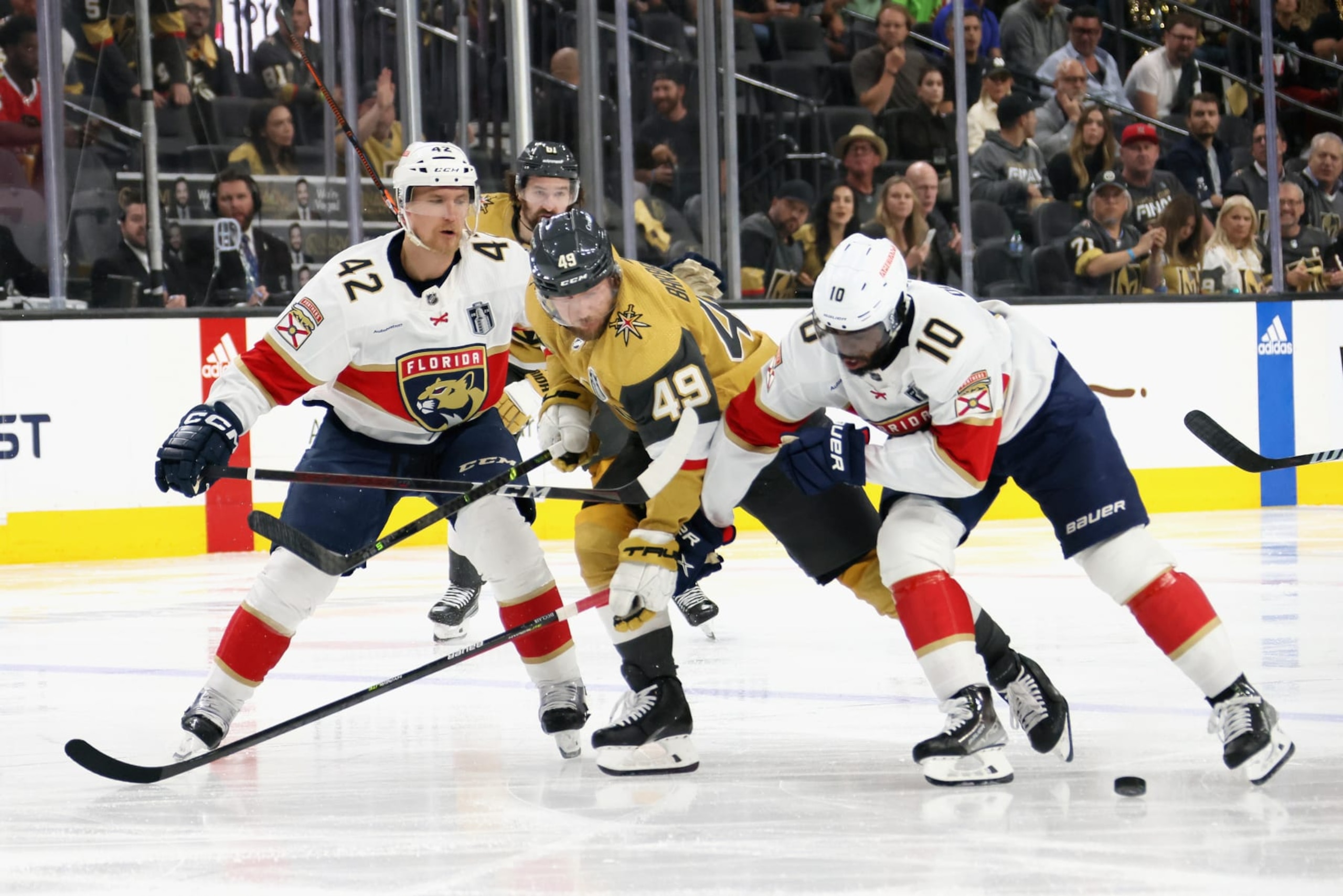 LAS VEGAS, NEVADA - JUNE 05: Gustav Forsling #42 and Anthony Duclair #10 of the Florida Panthers defend against Ivan Barbashev #49 of the Vegas Golden Knights in Game Two of the 2023 NHL Stanley Cup Final at T-Mobile Arena on June 05, 2023 in Las Vegas, Nevada. (Photo by Bruce Bennett/Getty Images)