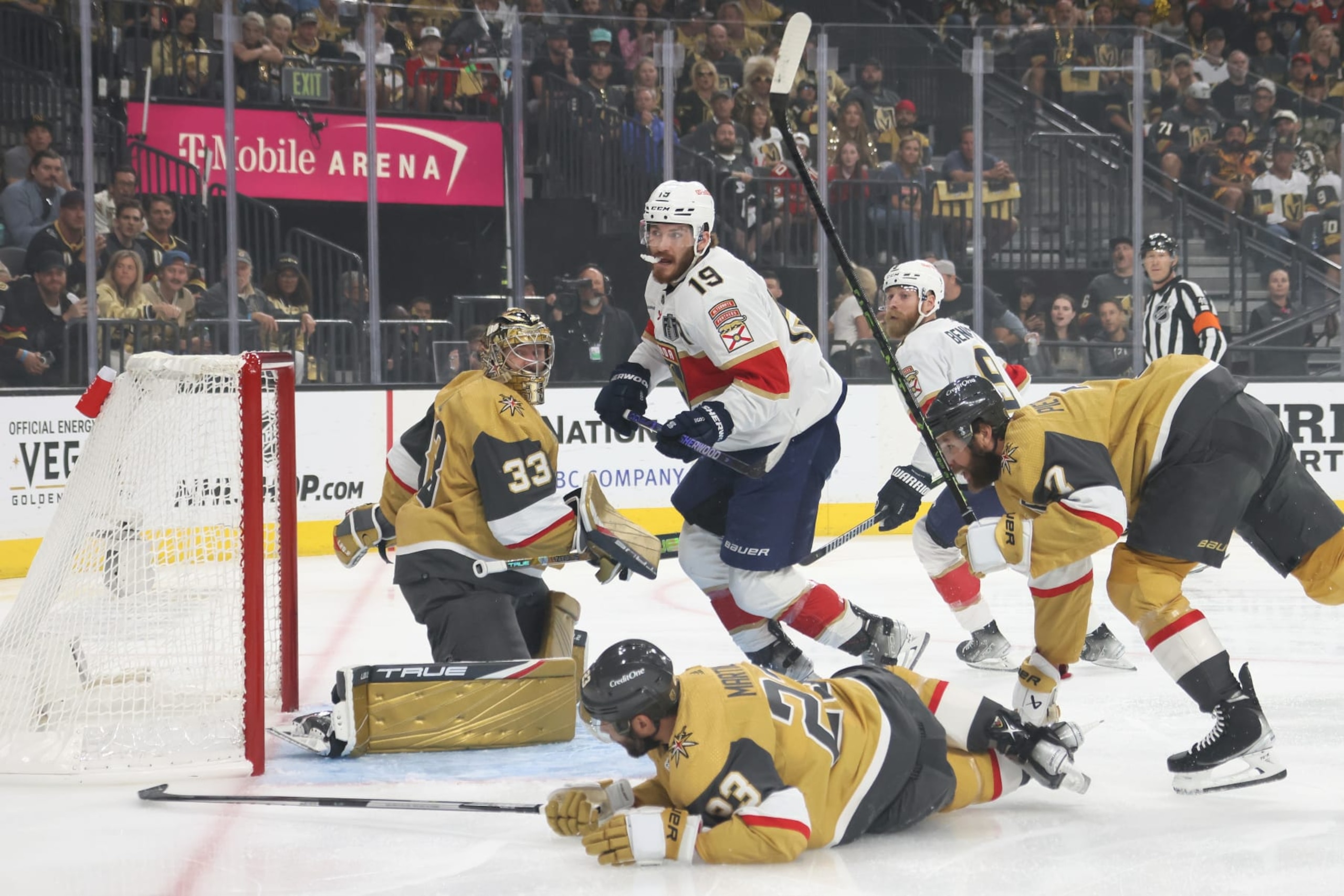 LAS VEGAS, NEVADA - JUNE 05:  Adin Hill #33 of the Vegas Golden Knights tends net against Matthew Tkachuk #19 of the Florida Panthers during the first period in Game Two of the 2023 NHL Stanley Cup Final at T-Mobile Arena on June 05, 2023 in Las Vegas, Nevada. (Photo by Bruce Bennett/Getty Images)