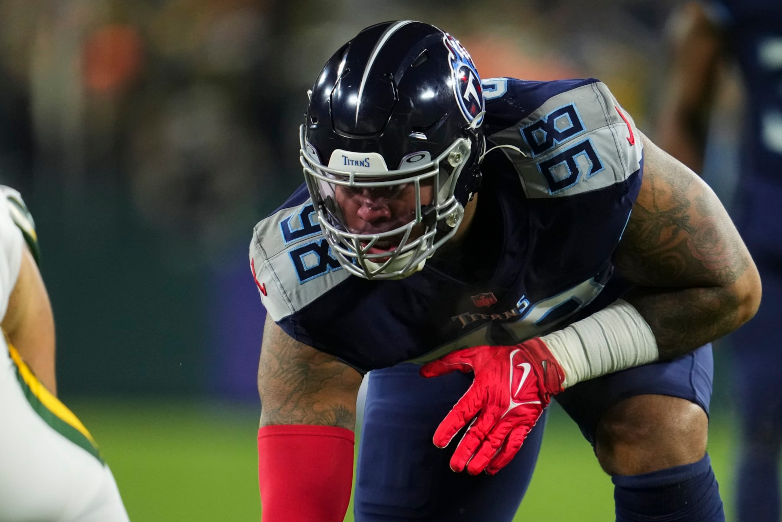 GREEN BAY, WI - NOVEMBER 17: Jeffery Simmons #98 of the Tennessee Titans gets set against the Green Bay Packers at Lambeau on November 17, 2022 in Green Bay, Wisconsin. (Photo by Cooper Neill/Getty Images)