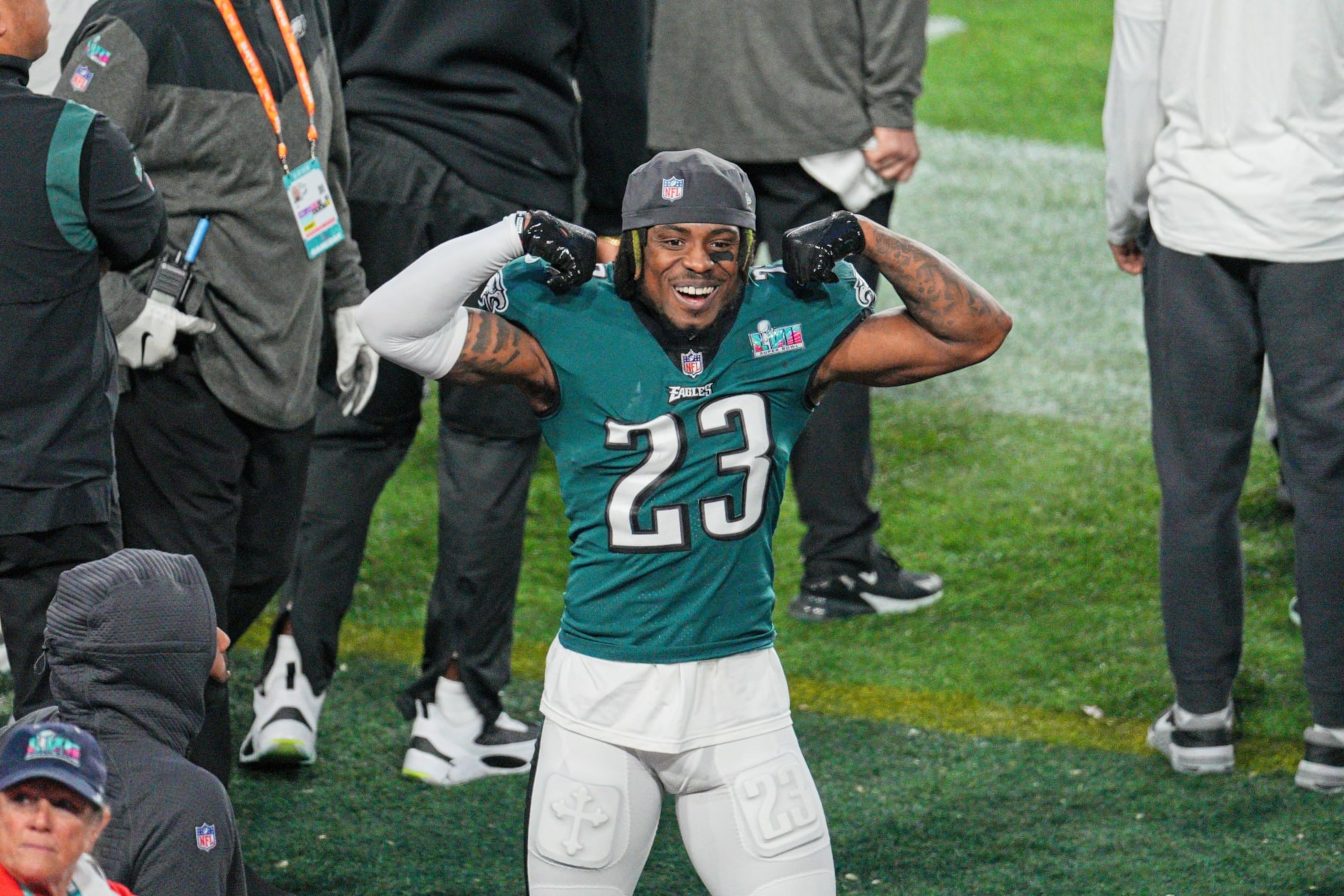 GLENDALE, AZ - FEBRUARY 12: Philadelphia Eagles safety C.J. Gardner-Johnson (23) flexes during Super Bowl LVII between the Kansas City Chiefs and the Philadelphia Eagles on February 12, 2023 at State Farm Stadium in Glendale, AZ.  (Photo by Andy Lewis/Icon Sportswire via Getty Images)