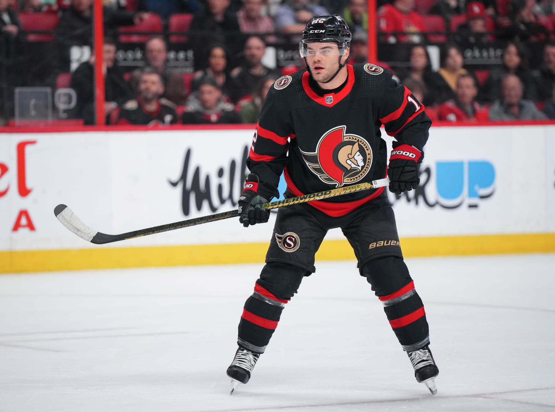 OTTAWA, CANADA - APRIL 10:  Alex DeBrincat #12 of the Ottawa Senators skates against the Carolina Hurricanes at Canadian Tire Centre on April 10, 2023 in Ottawa, Ontario, Canada.  (Photo by André Ringuette/NHLI via Getty Images)