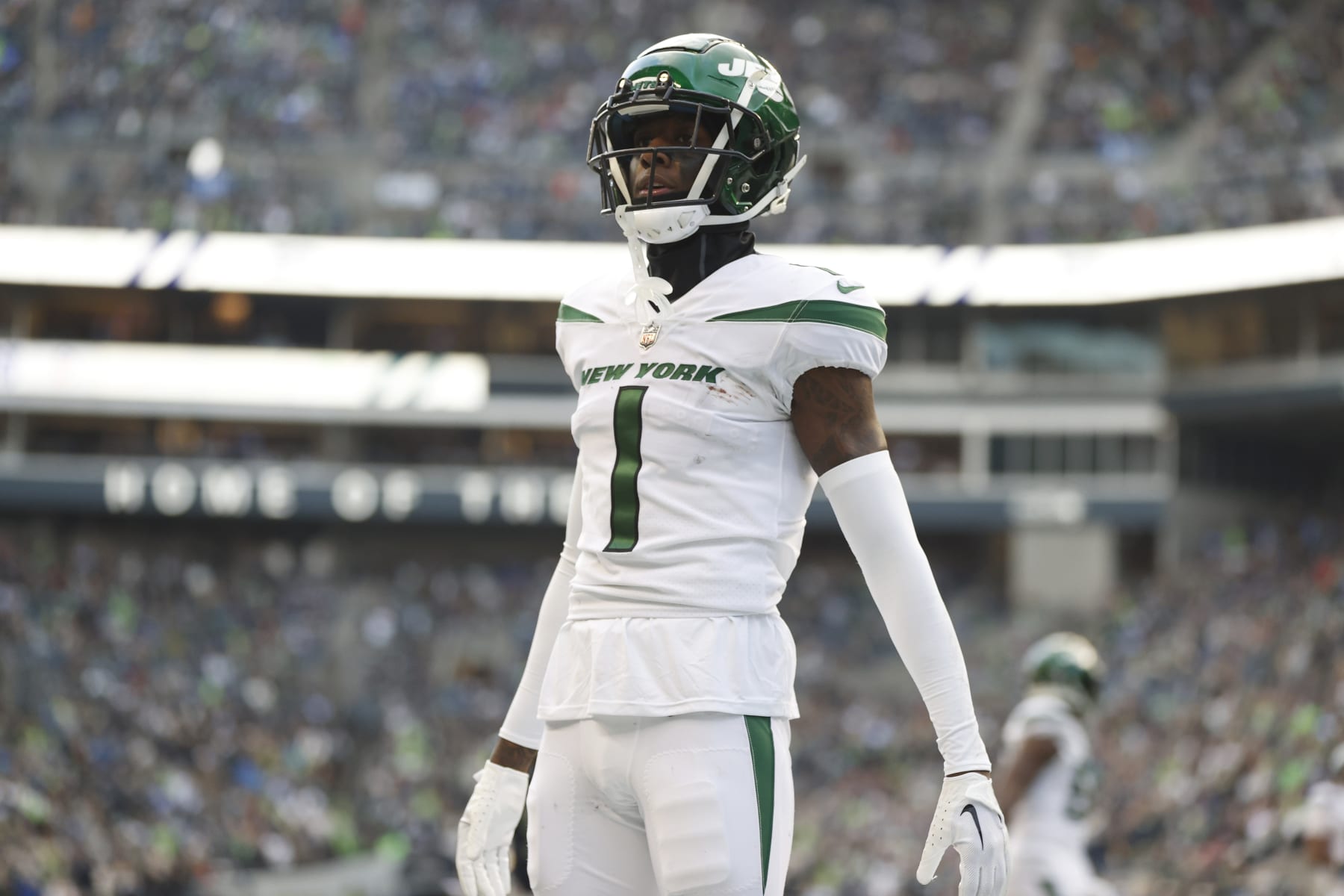 SEATTLE, WASHINGTON - JANUARY 01: Sauce Gardner #1 of the New York Jets reacts after a play during the fourth quarter in the game against the Seattle Seahawks at Lumen Field on January 01, 2023 in Seattle, Washington. (Photo by Steph Chambers/Getty Images)