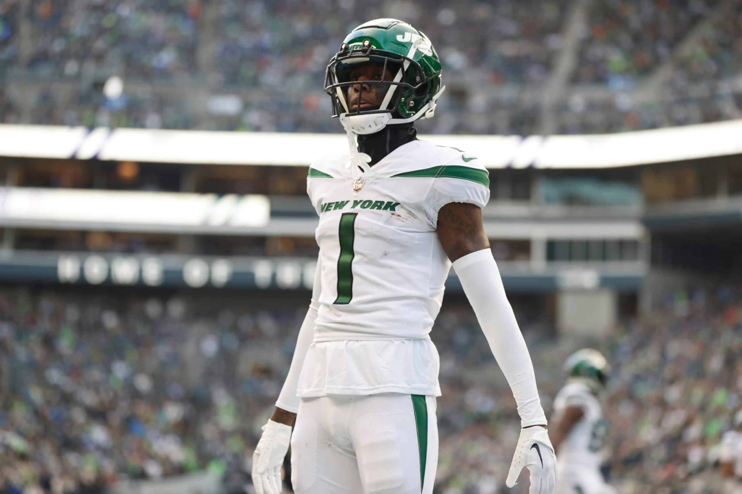 SEATTLE, WASHINGTON - JANUARY 01: Sauce Gardner #1 of the New York Jets reacts after a play during the fourth quarter in the game against the Seattle Seahawks at Lumen Field on January 01, 2023 in Seattle, Washington. (Photo by Steph Chambers/Getty Images)
