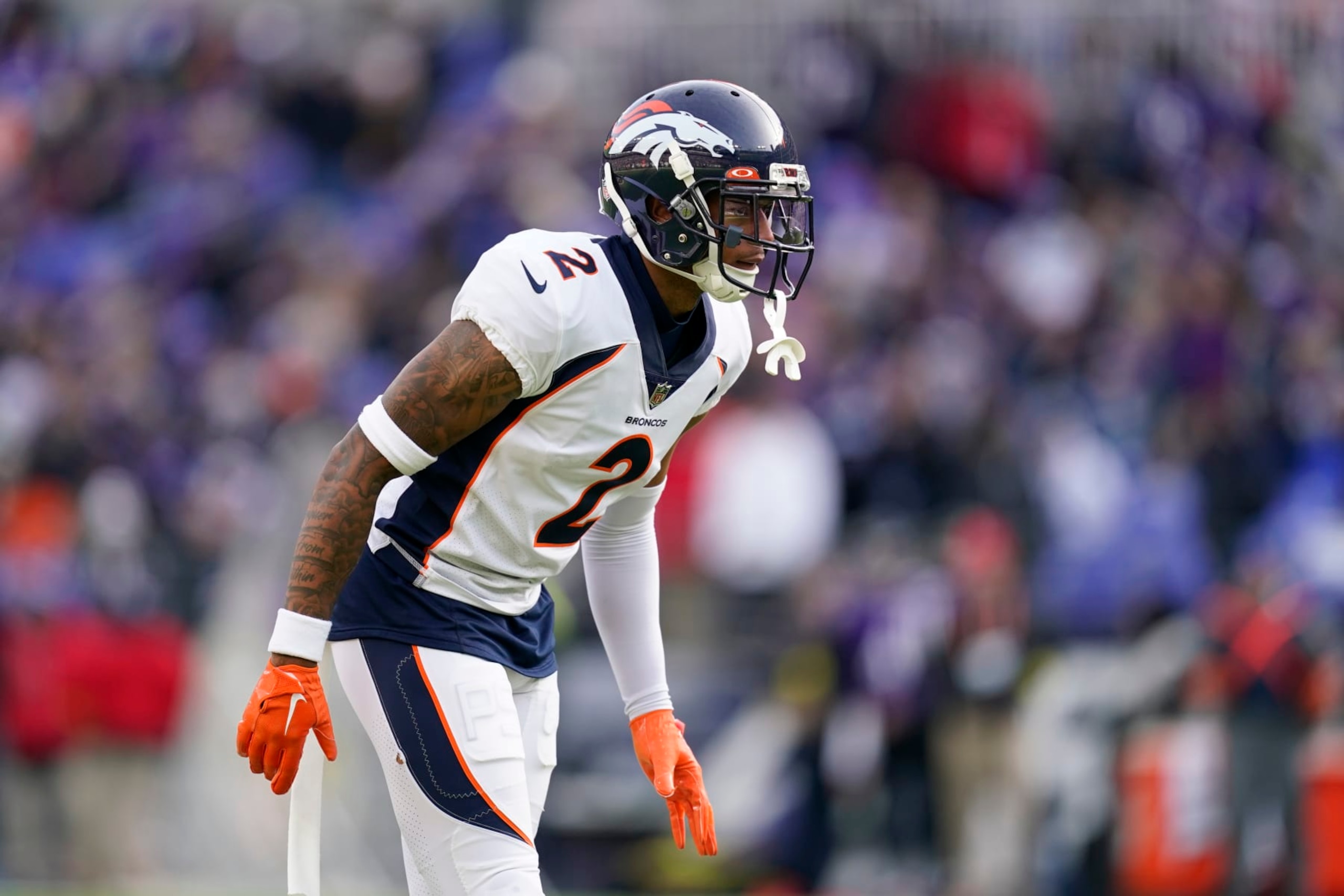 Denver Broncos cornerback Pat Surtain II defends in the first half of an NFL football game against the Baltimore Ravens, Sunday, Dec. 4, 2022, in Baltimore. (AP Photo/Patrick Semansky)
