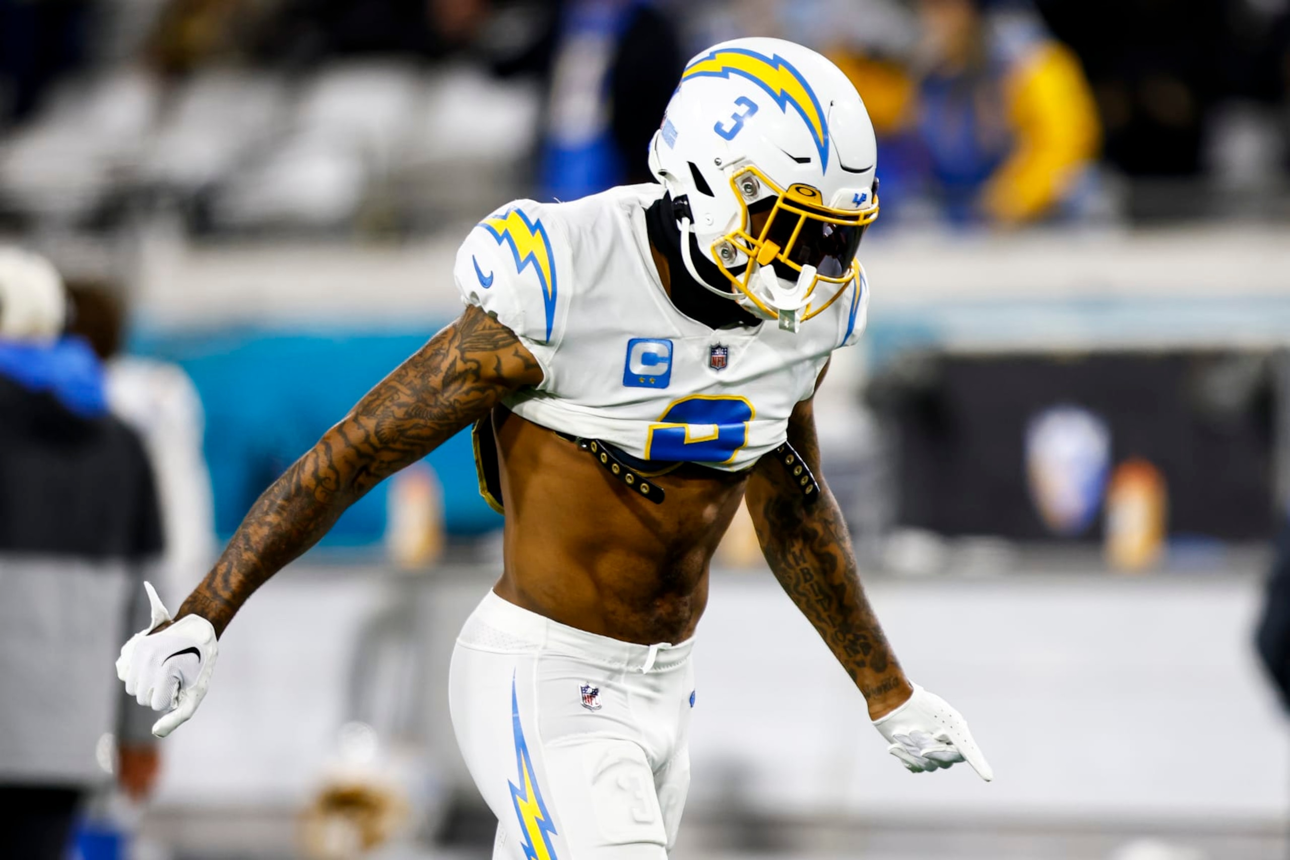 JACKSONVILLE, FL - JANUARY 14: Derwin James Jr. #3 of the Los Angeles Chargers runs out of the tunnel prior to an NFL wild card playoff football game against the Jacksonville Jaguars at TIAA Bank Field on January 14, 2023 in Jacksonville, Florida. (Photo by Kevin Sabitus/Getty Images)