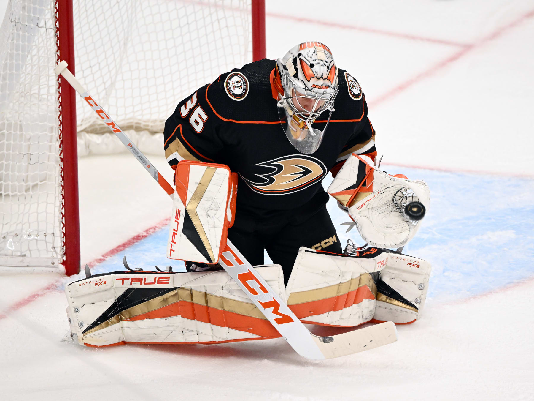 ANAHEIM, CA - APRIL 13: Anaheim Ducks goalie John Gibson (36) catches the puck during an NHL hockey game against the Los Angeles Kings played on April 13, 2023 at the Honda Center in Anaheim, CA. (Photo by John Cordes/Icon Sportswire via Getty Images)