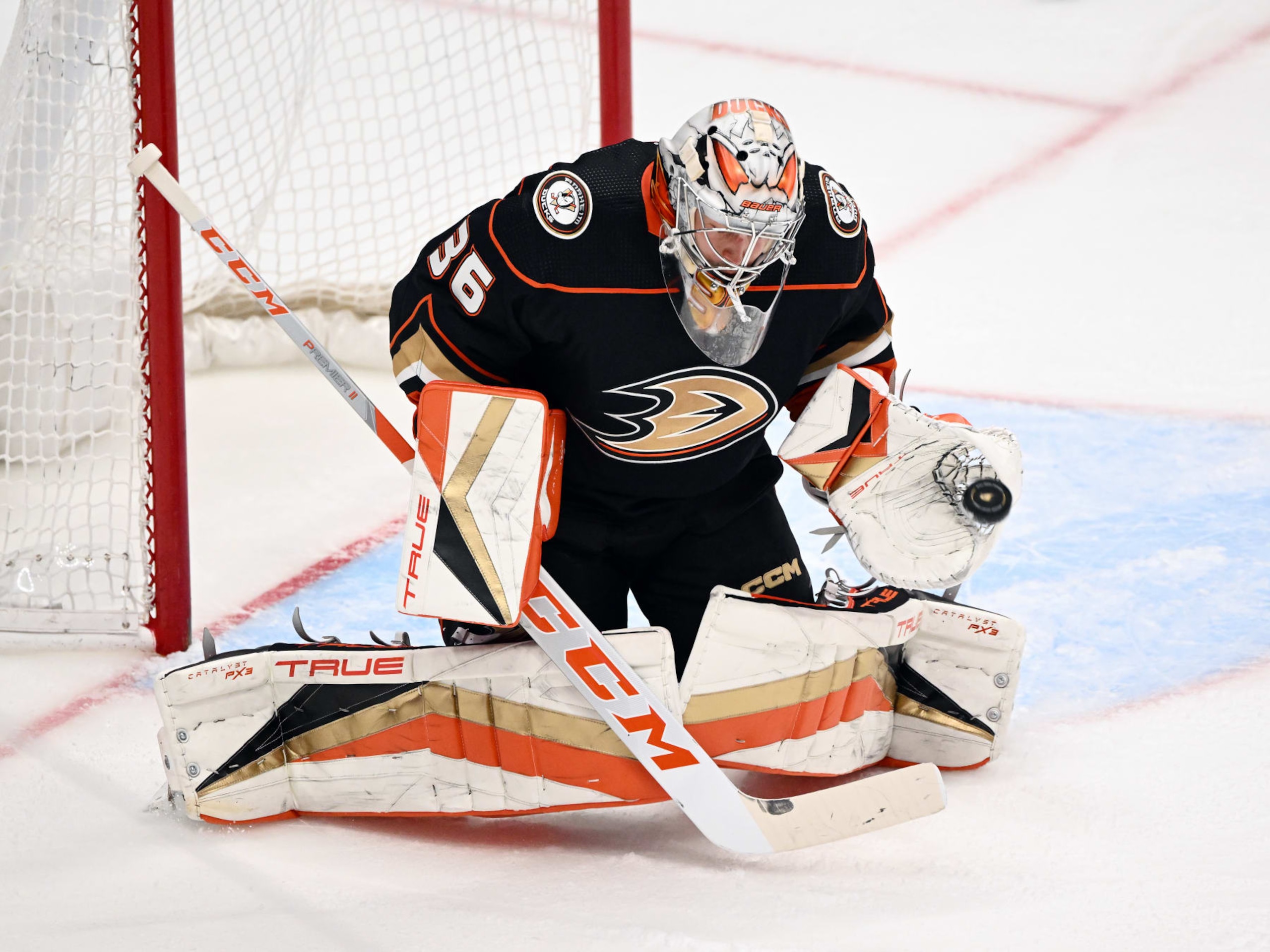 ANAHEIM, CA - APRIL 13: Anaheim Ducks goalie John Gibson (36) catches the puck during an NHL hockey game against the Los Angeles Kings played on April 13, 2023 at the Honda Center in Anaheim, CA. (Photo by John Cordes/Icon Sportswire via Getty Images)