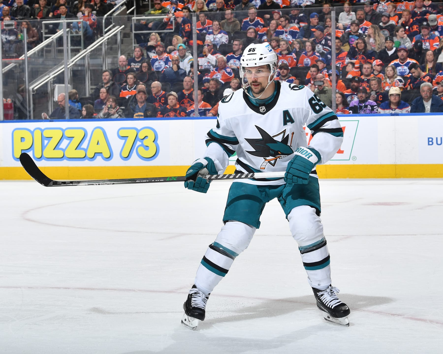 EDMONTON, CANADA - APRIL 13: Erik Karlsson #65 of the San Jose Sharks skates during the game against the Edmonton Oilers on April 13, 2023 at Rogers Place in Edmonton, Alberta, Canada. (Photo by Andy Devlin/NHLI via Getty Images)