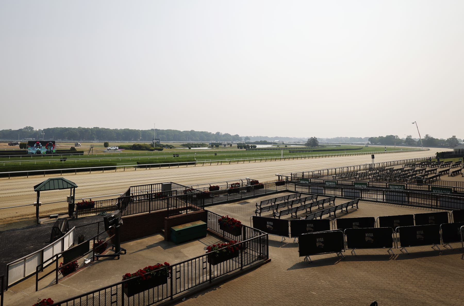ELMONT, NEW YORK - JUNE 08:  The main track is seen prior to the 155th running of the Belmont Stakes at Belmont Park on June 08, 2023 in Elmont, New York.  All training and racing on the track were cancelled today due to the Canadian wildfires.  Air pollution alerts were issued across the United States due to smoke from wildfires that have been burning in Canada for weeks.  (Photo by Al Bello/Getty Images)