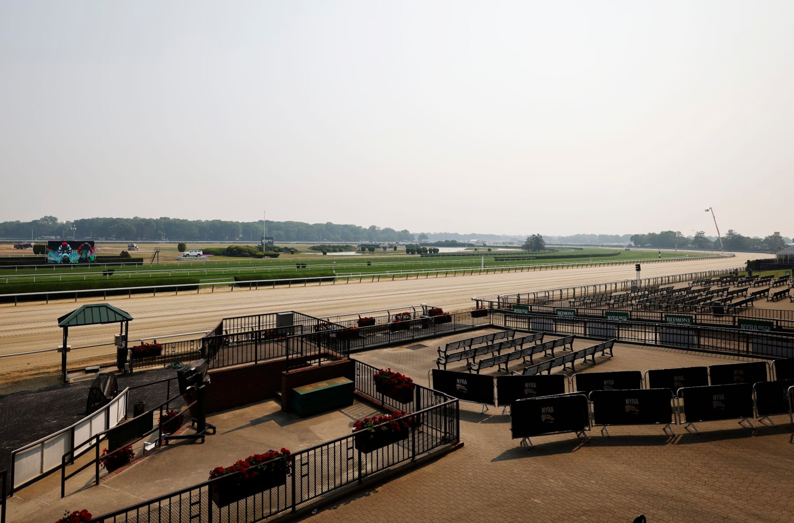 ELMONT, NEW YORK - JUNE 08:  The main track is seen prior to the 155th running of the Belmont Stakes at Belmont Park on June 08, 2023 in Elmont, New York.  All training and racing on the track were cancelled today due to the Canadian wildfires.  Air pollution alerts were issued across the United States due to smoke from wildfires that have been burning in Canada for weeks.  (Photo by Al Bello/Getty Images)