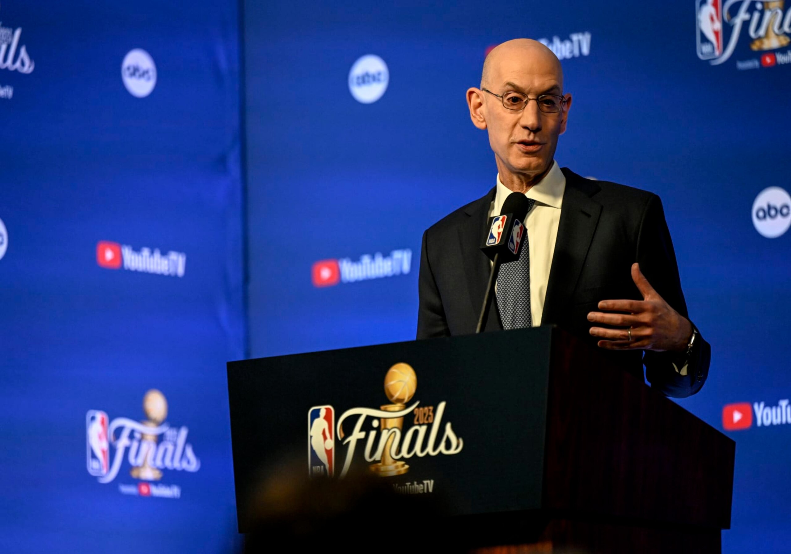 DENVER, CO - JUNE 1: NBA commissioner Adam Silver speaks during a press conference before the first quarter of the NBA Finals game 1 between the Denver Nuggets and the Miami Heat at Ball Arena in Denver on Thursday, June 1, 2023. (Photo by AAron Ontiveroz/The Denver Post)