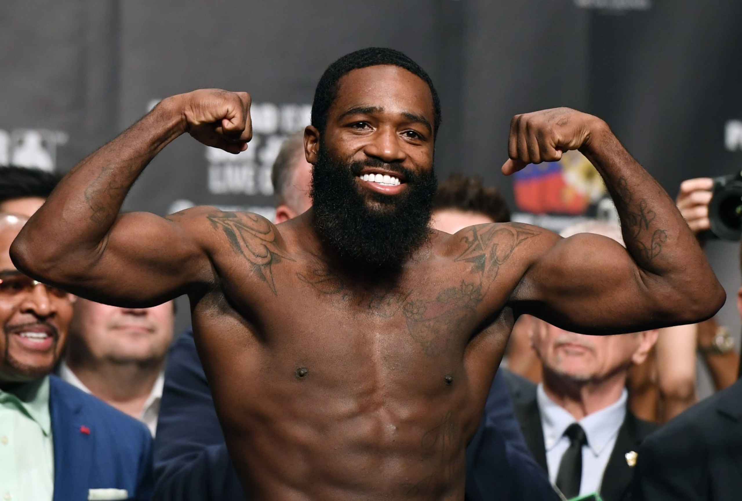 LAS VEGAS, NEVADA - JANUARY 18:  Adrien Broner poses on the scale during his official weigh-in at MGM Grand Garden Arena on January 18, 2019 in Las Vegas, Nevada. Broner will challenge WBA welterweight champion Manny Pacquiao for his title on January 19 at MGM Grand Garden Arena in Las Vegas.  (Photo by Ethan Miller/Getty Images)
