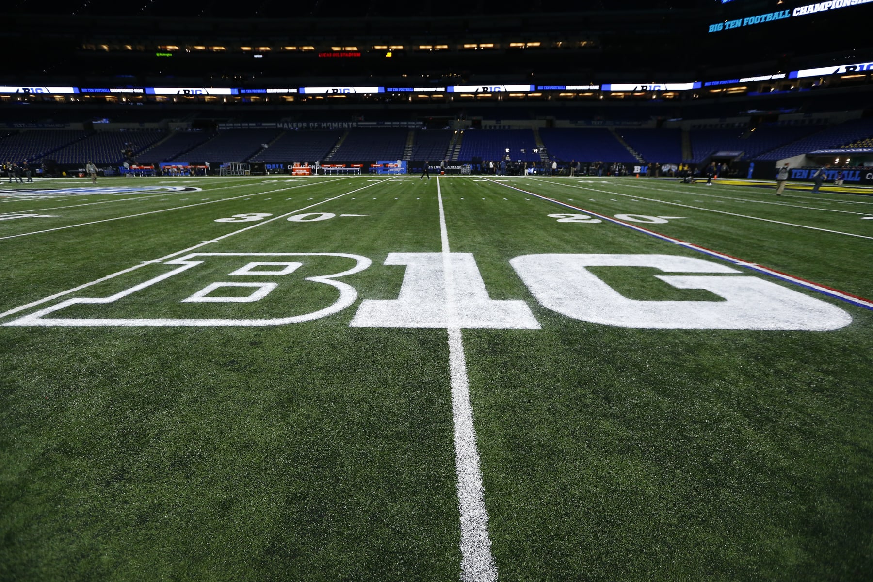 INDIANAPOLIS, IN - DECEMBER 03: The Big Ten Logo displayed on the field during the Big Ten Championship Game between the Michigan Wolverines and the Purdue Boilermaker on December 03,2022, at Lucas Oil Stadium in Indianapolis, IN.  (Photo by Jeffrey Brown/Icon Sportswire via Getty Images)