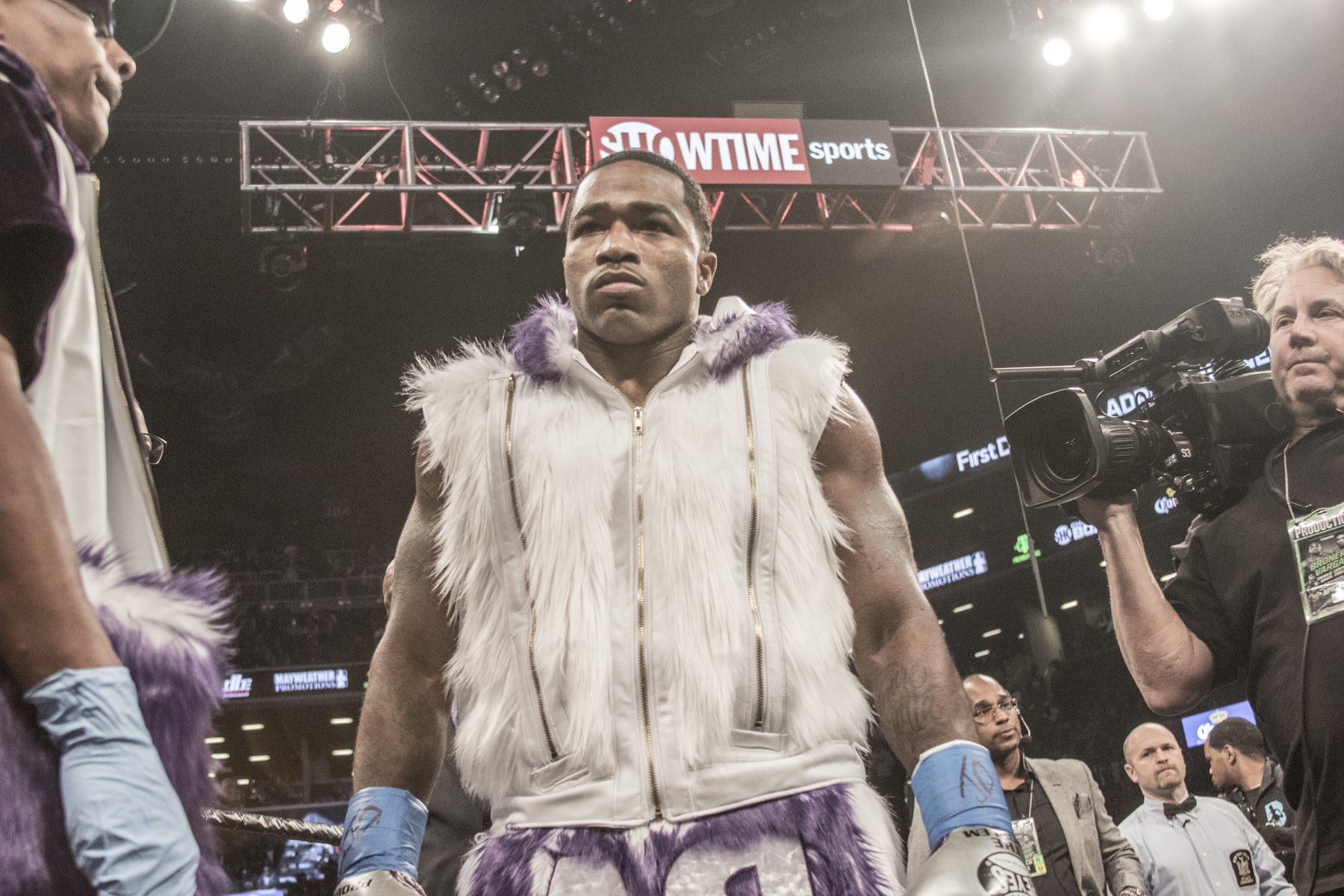 BROOKLYN, NY - APRIL 21: Adrien Broner ( purple and white trunks ) and Jesse Vargas ( white and gold trunks) fight to a Majority Draw in their Welterweight fight at Barclays Center on April 21, 2018 in New York City. (Photo by Bill Tompkins/Getty Images)