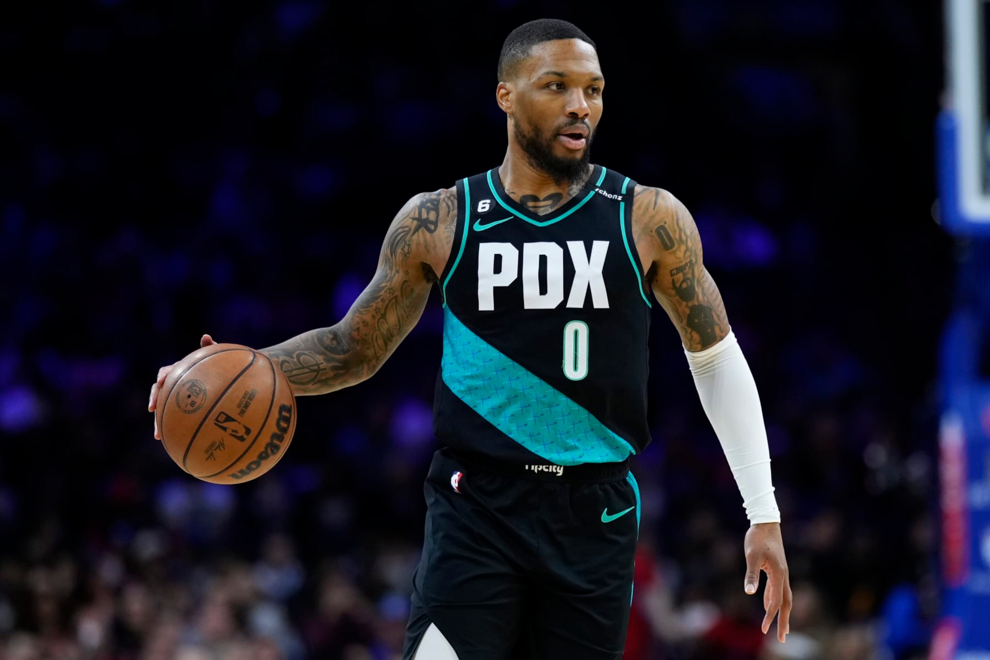 Portland Trail Blazers' Damian Lillard plays during an NBA basketball game, Friday, March 10, 2023, in Philadelphia. (AP Photo/Matt Slocum)