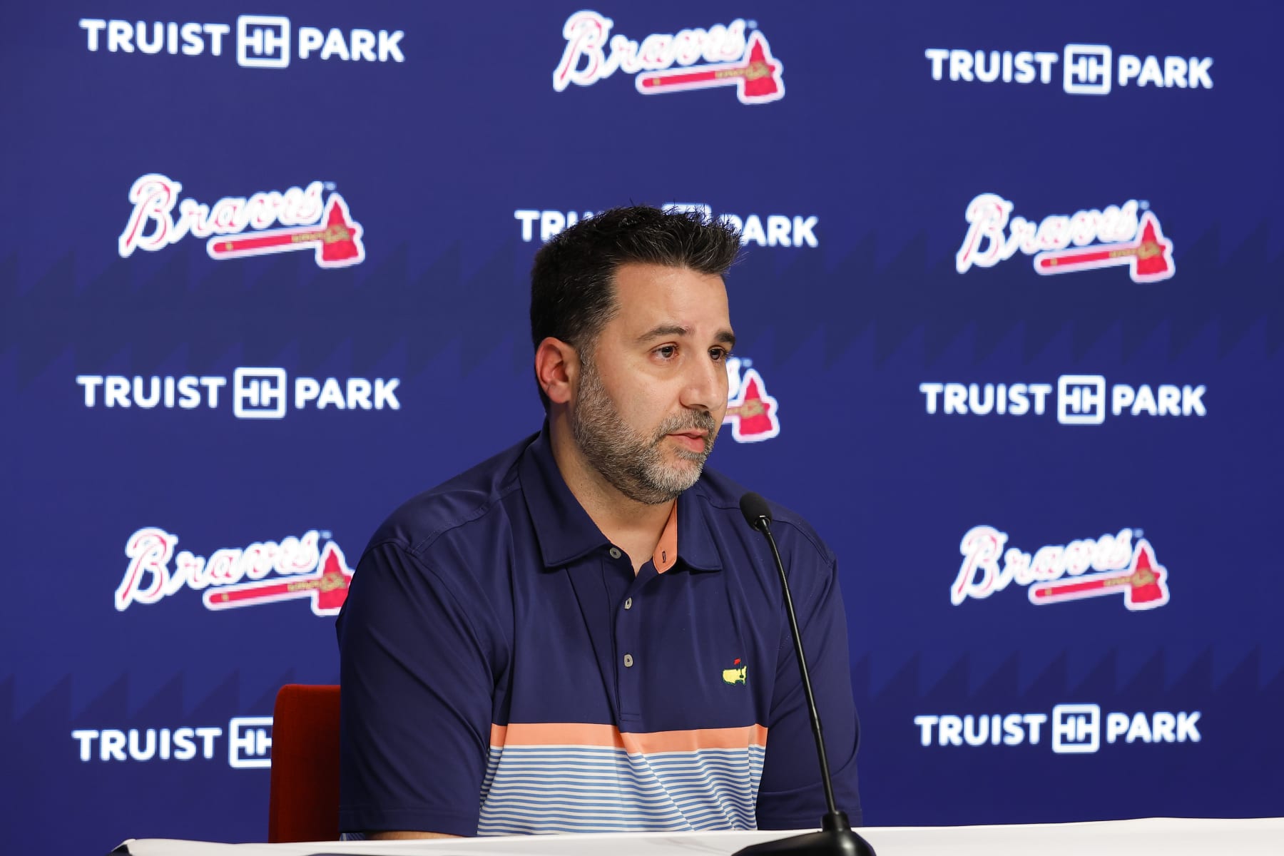 ATLANTA, GA - AUGUST 02: Atlanta Braves president, Alex Anthopoulos attends a press conference speaking about Austin Rileys contract extension and recent trades prior to the game against the Philadelphia Phillies at Truist Park on August 2, 2022 in Atlanta, Georgia. (Photo by Todd Kirkland/Getty Images)