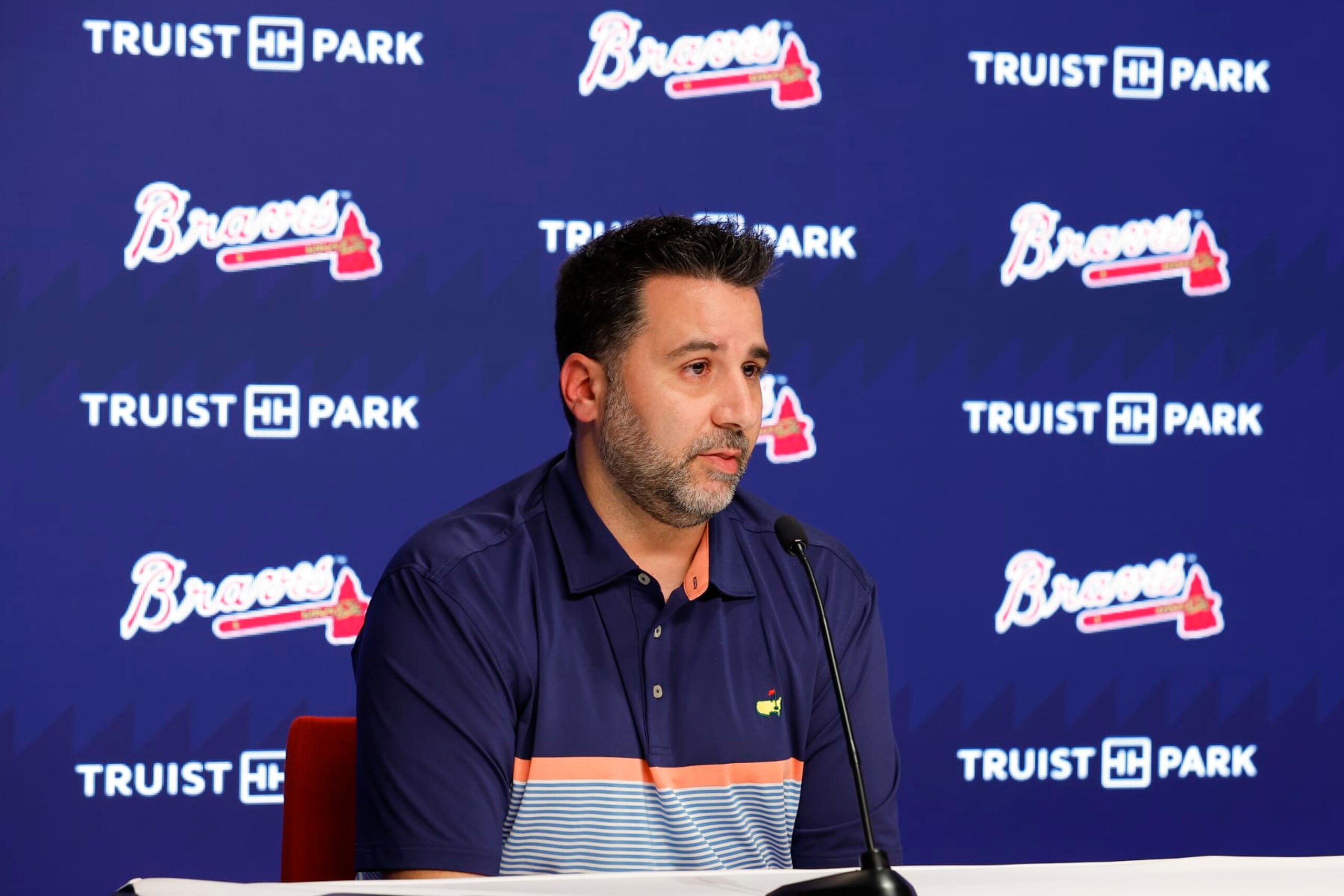 ATLANTA, GA - AUGUST 02: Atlanta Braves president, Alex Anthopoulos attends a press conference speaking about Austin Rileys contract extension and recent trades prior to the game against the Philadelphia Phillies at Truist Park on August 2, 2022 in Atlanta, Georgia. (Photo by Todd Kirkland/Getty Images)