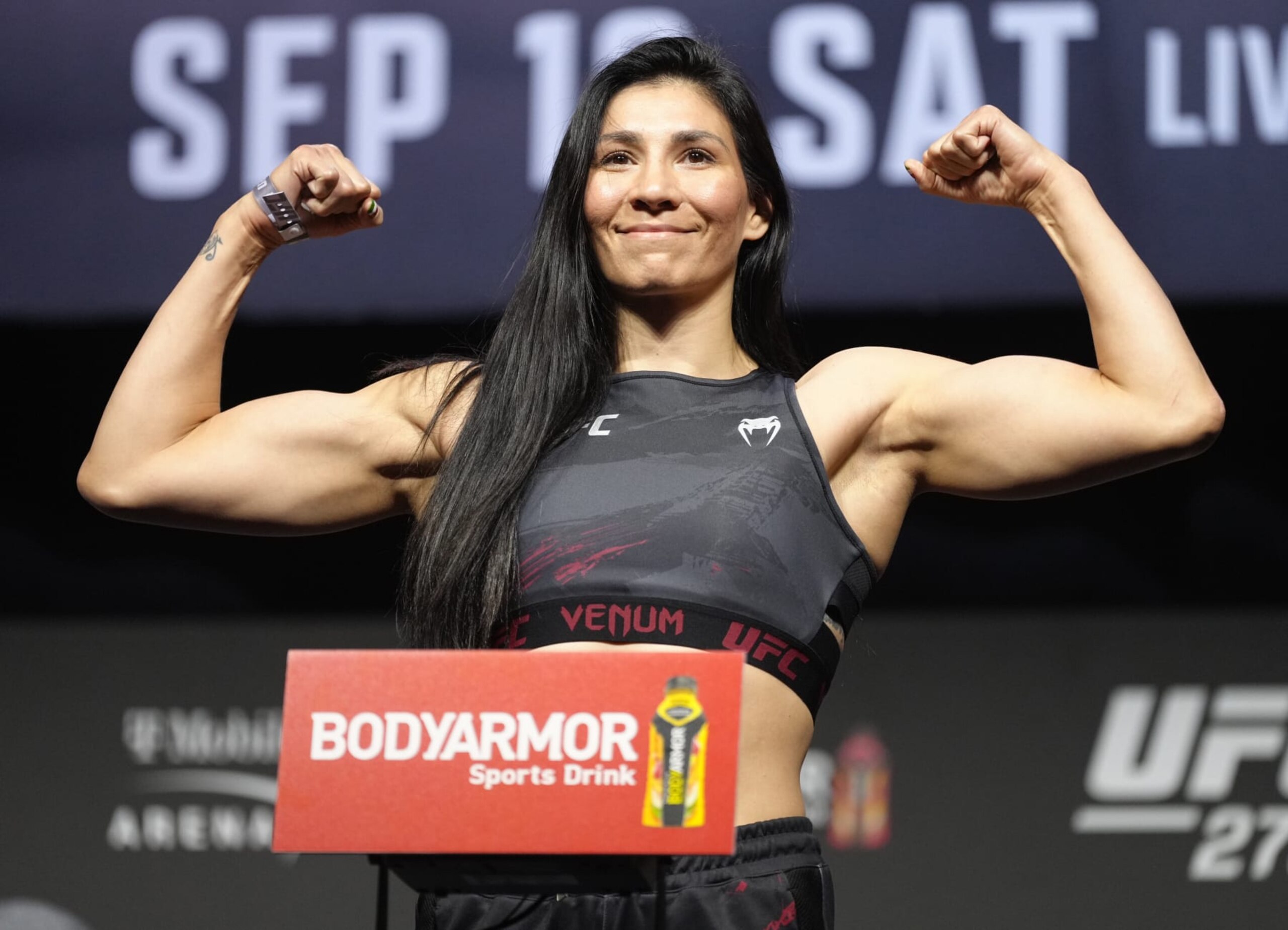 LAS VEGAS, NEVADA - SEPTEMBER 09: Irene Aldana of Mexico poses on the scale during the UFC 279 ceremonial weigh-in at MGM Grand Garden Arena on September 09, 2022 in Las Vegas, Nevada. (Photo by Jeff Bottari/Zuffa LLC)