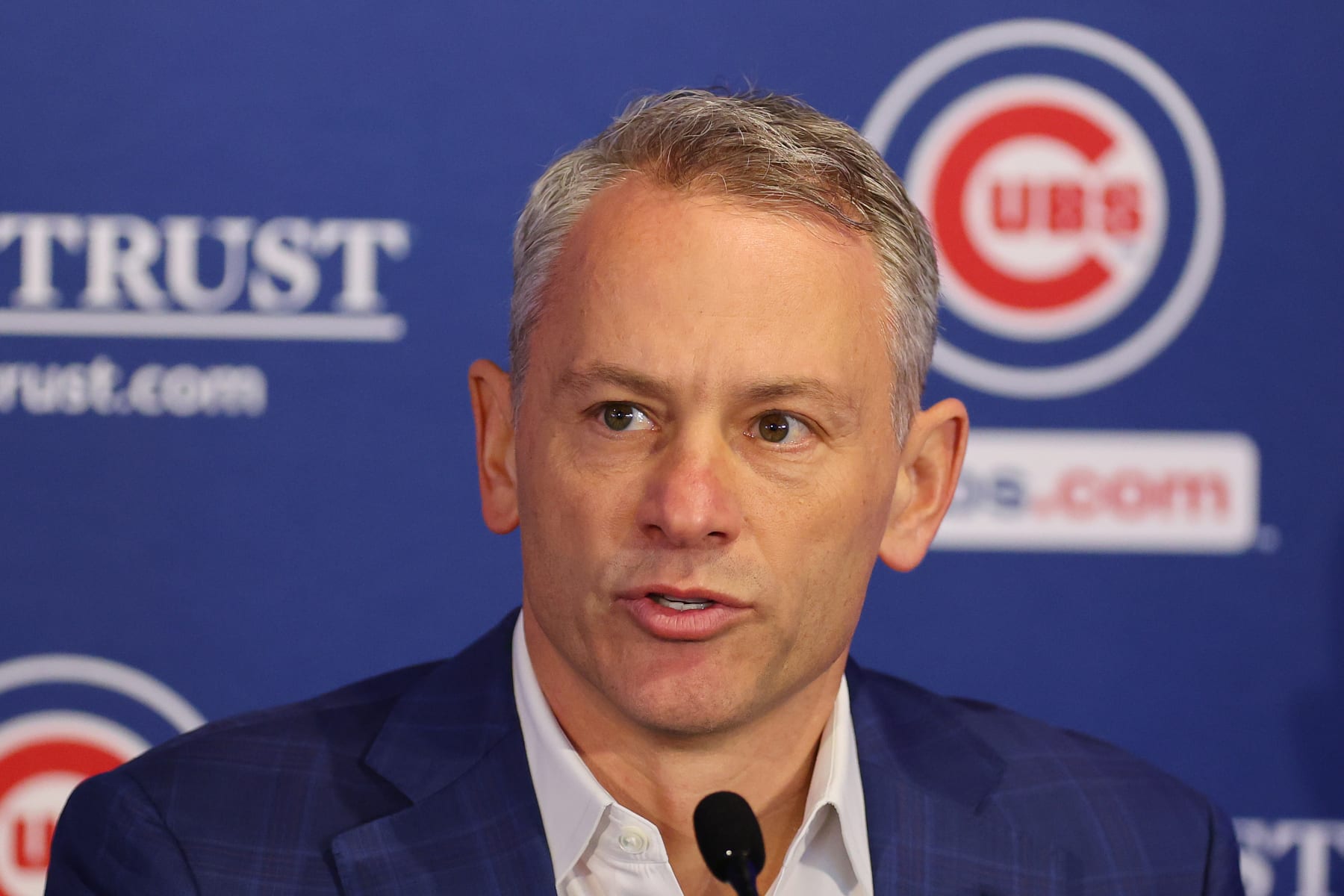 CHICAGO, ILLINOIS - DECEMBER 21: President Jed Hoyer of the Chicago Cubs speaks to the media during the introductory press conference for Dansby Swanson at Wrigley Field on December 21, 2022 in Chicago, Illinois. (Photo by Michael Reaves/Getty Images)