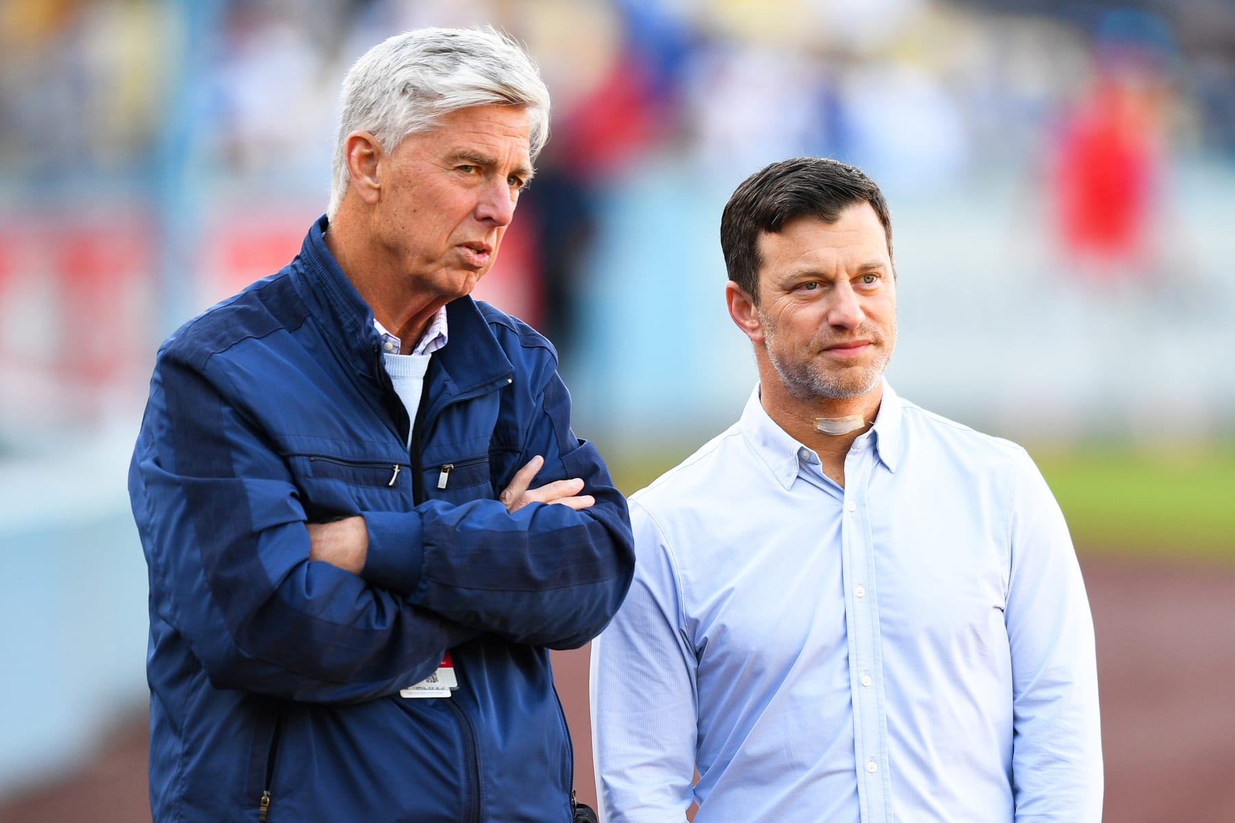 LOS ANGELES, CA - MAY 02: Philadelphia Phillies President of Baseball Operations David Dombrowski talks with Los Angeles Dodgers President of Baseball Operations Andrew Friedman before the MLB game between the Philadelphia Phillies and the Los Angeles Dodgers on May 2, 2023 at Dodger Stadium in Los Angeles, CA. (Photo by Brian Rothmuller/Icon Sportswire via Getty Images)