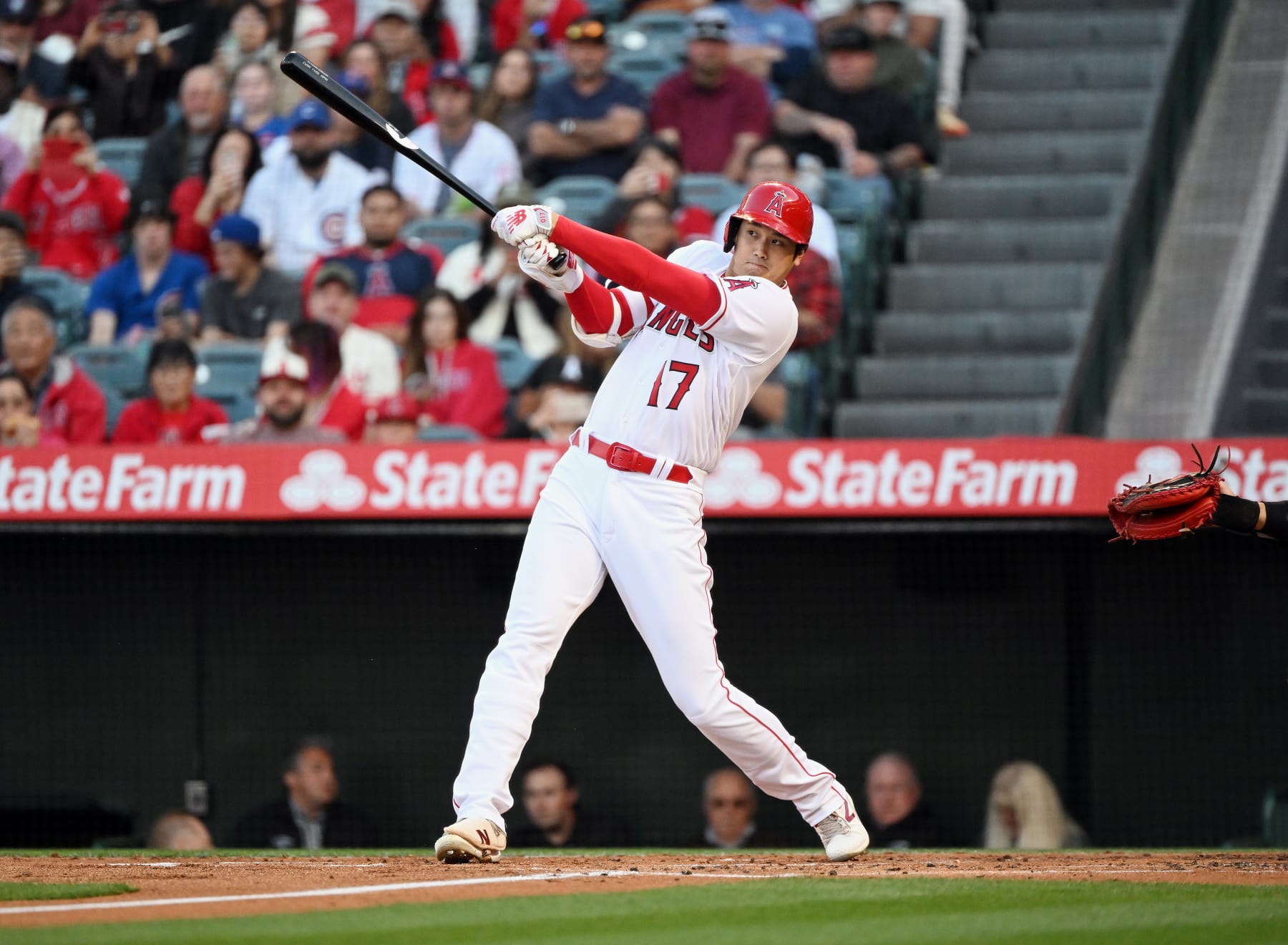 ANAHEIM, CA - JUNE 07: Los Angeles Angels designated hitter Shohei Ohtani (17) hits a double during the first inning of an MLB baseball game against the Chicago Cubs played on June 7, 2023 at Angel Stadium in Anaheim, CA. (Photo by John Cordes/Icon Sportswire via Getty Images)