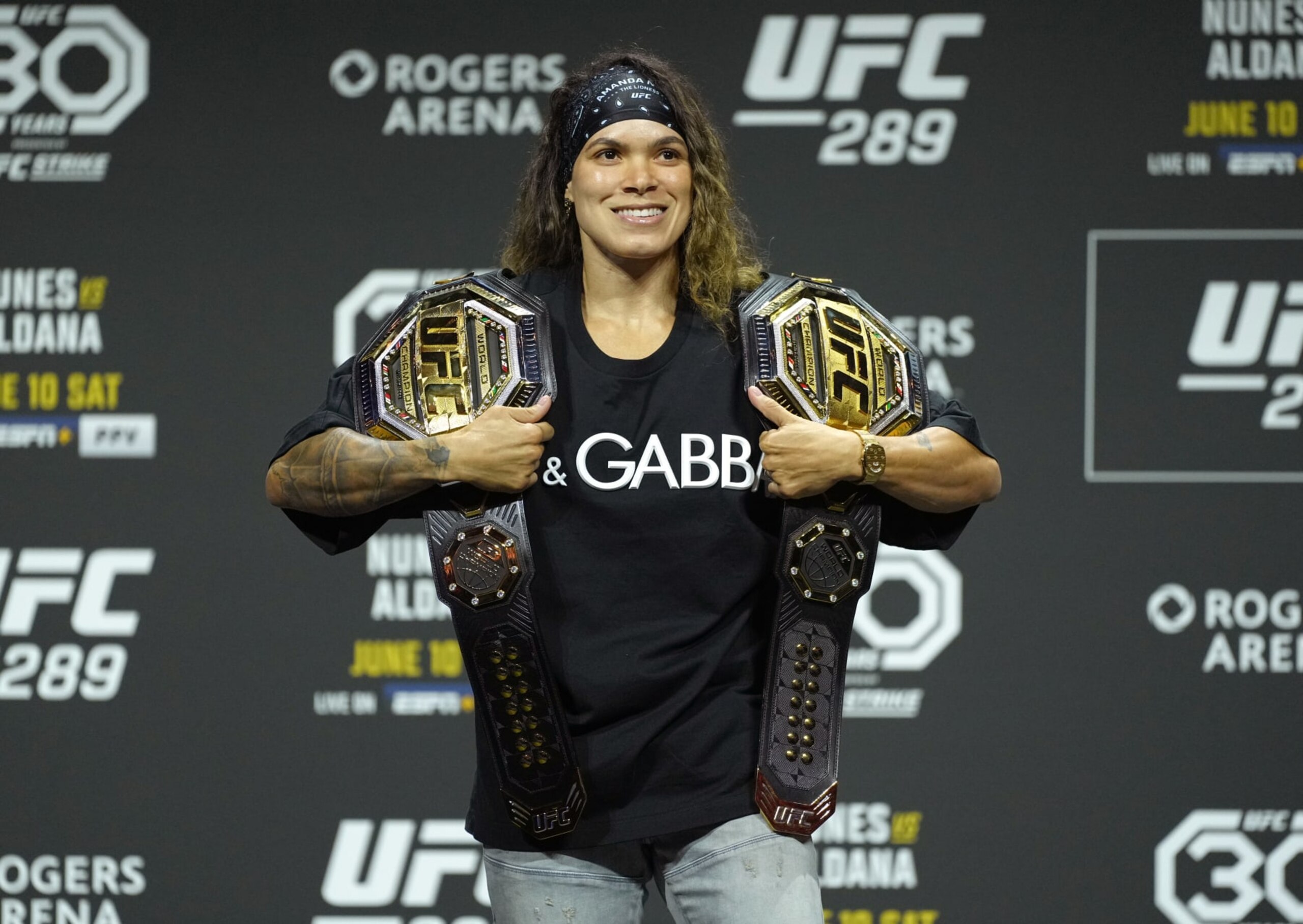 VANCOUVER, BRITISH COLUMBIA - JUNE 08: Amanda Nunes of Brazil poses during the UFC 289 press conference at Rogers Arena on June 08, 2023 in Vancouver, British Columbia. (Photo by Jeff Bottari/Zuffa LLC via Getty Images)