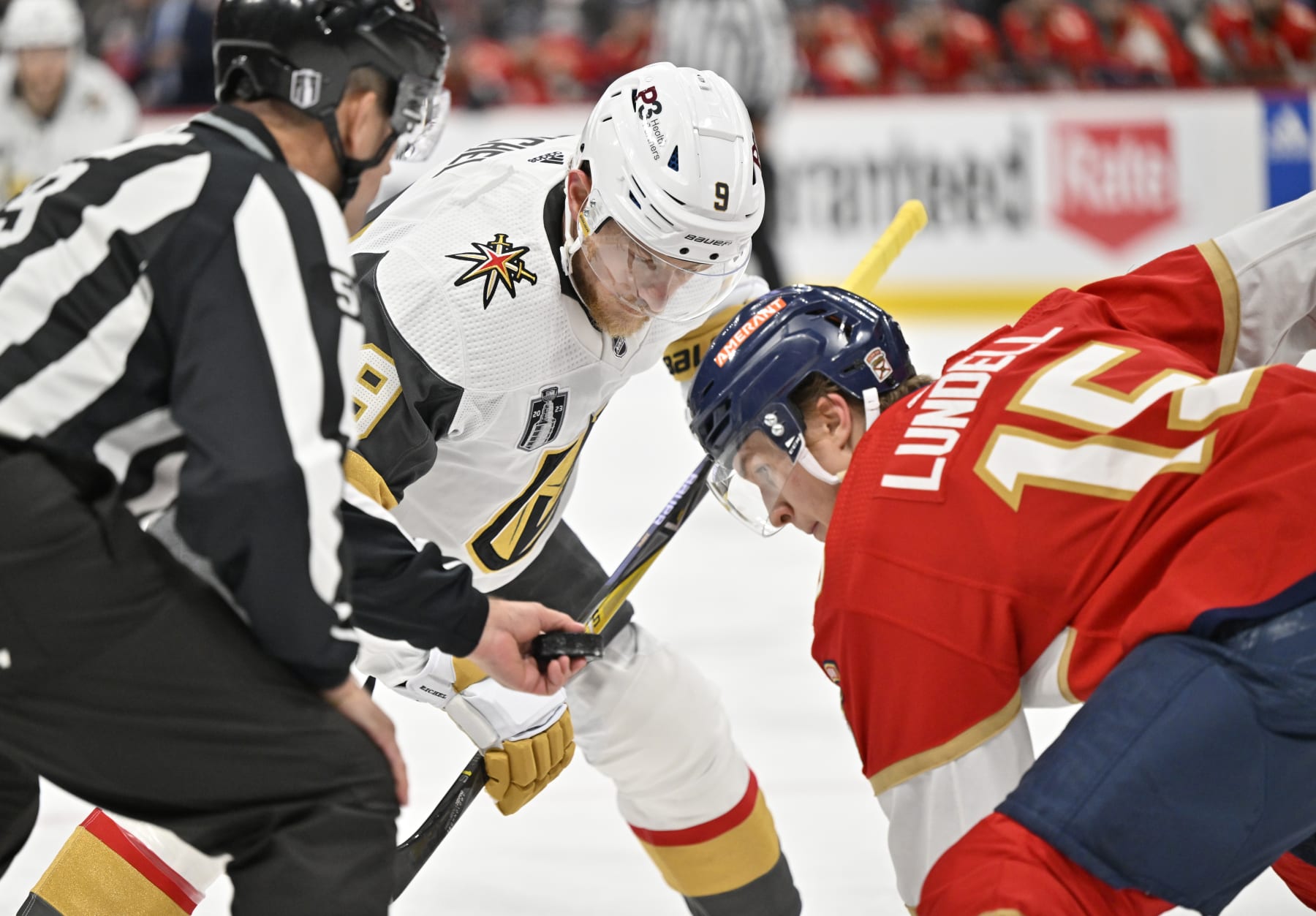 SUNRISE, FLORIDA - JUNE 08: Jack Eichel #9 of the Vegas Golden Knights prepares to face off against Anton Lundell #15 of the Florida Panthers during the first period in Game Three of the 2023 NHL Stanley Cup Final at FLA Live Arena on June 08, 2023 in Sunrise, Florida. (Photo by David Becker/NHLI via Getty Images)