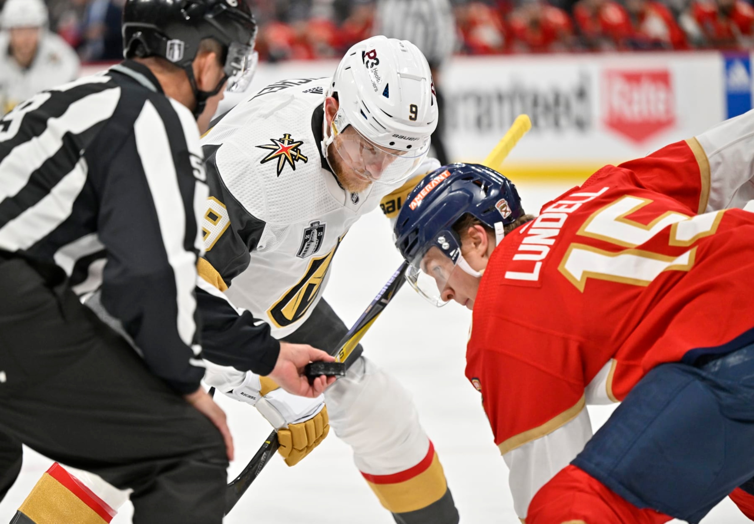 SUNRISE, FLORIDA - JUNE 08: Jack Eichel #9 of the Vegas Golden Knights prepares to face off against Anton Lundell #15 of the Florida Panthers during the first period in Game Three of the 2023 NHL Stanley Cup Final at FLA Live Arena on June 08, 2023 in Sunrise, Florida. (Photo by David Becker/NHLI via Getty Images)