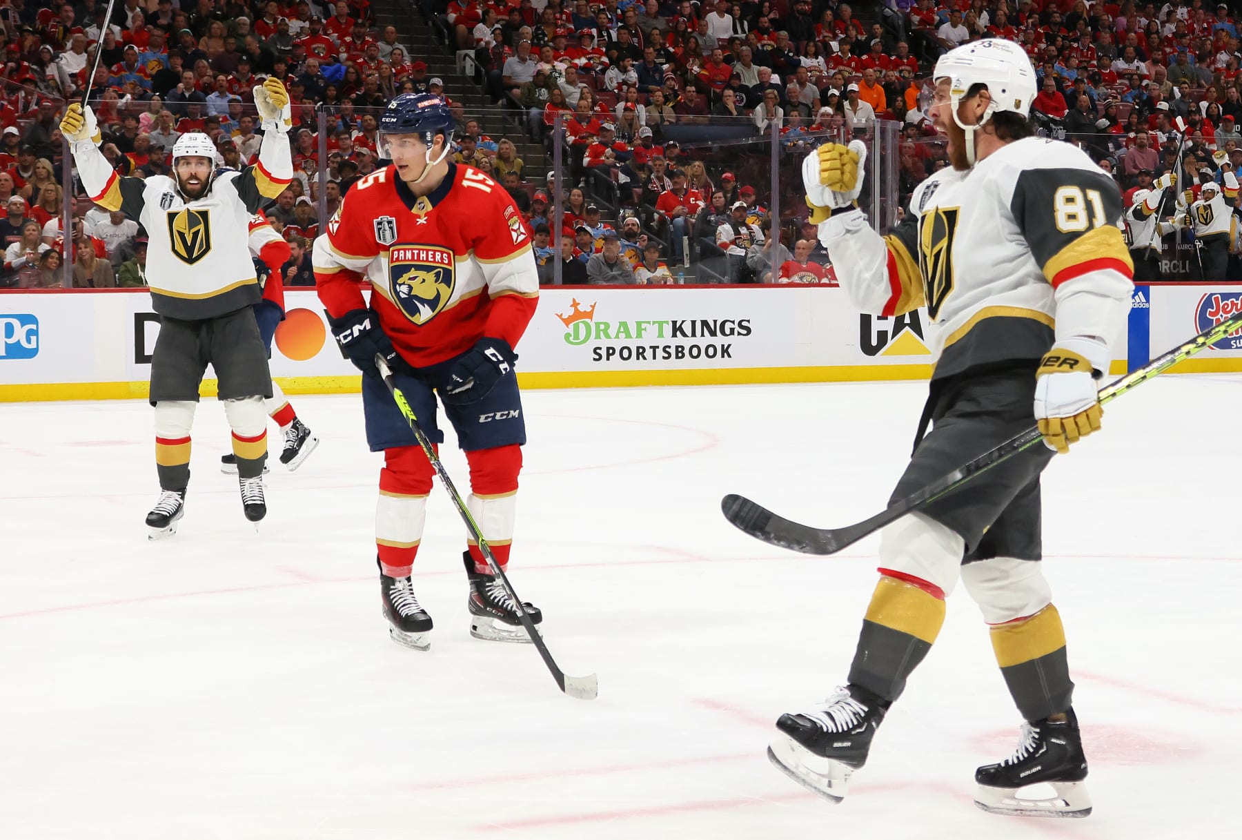 SUNRISE, FLORIDA - JUNE 08:  Jonathan Marchessault #81 of the Vegas Golden Knights celebrates after scoring a goal against the Florida Panthers as Anton Lundell #15 reacts during the second period n Game Three of the 2023 NHL Stanley Cup Final at FLA Live Arena on June 08, 2023 in Sunrise, Florida. (Photo by Bruce Bennett/Getty Images)