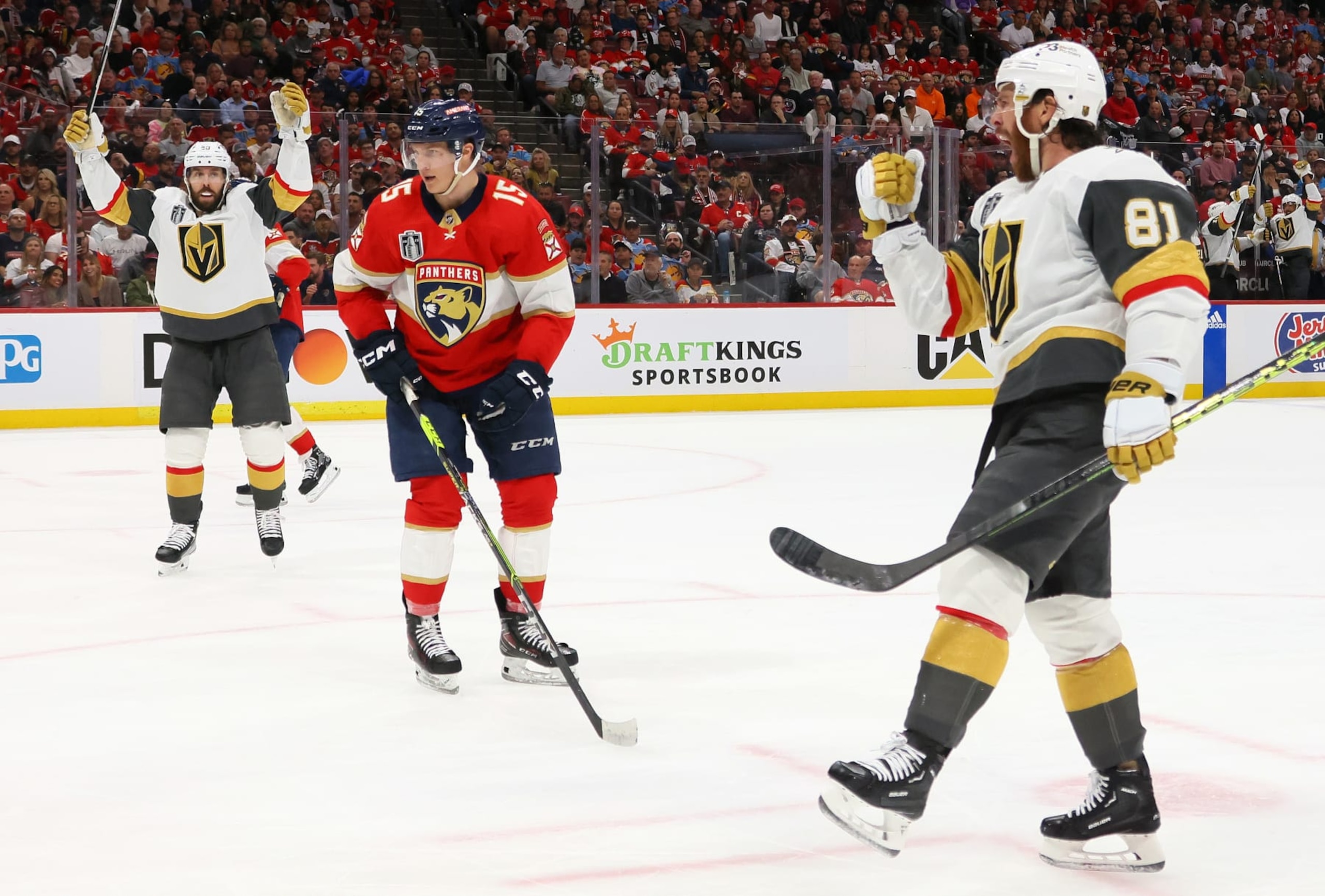 SUNRISE, FLORIDA - JUNE 08:  Jonathan Marchessault #81 of the Vegas Golden Knights celebrates after scoring a goal against the Florida Panthers as Anton Lundell #15 reacts during the second period n Game Three of the 2023 NHL Stanley Cup Final at FLA Live Arena on June 08, 2023 in Sunrise, Florida. (Photo by Bruce Bennett/Getty Images)