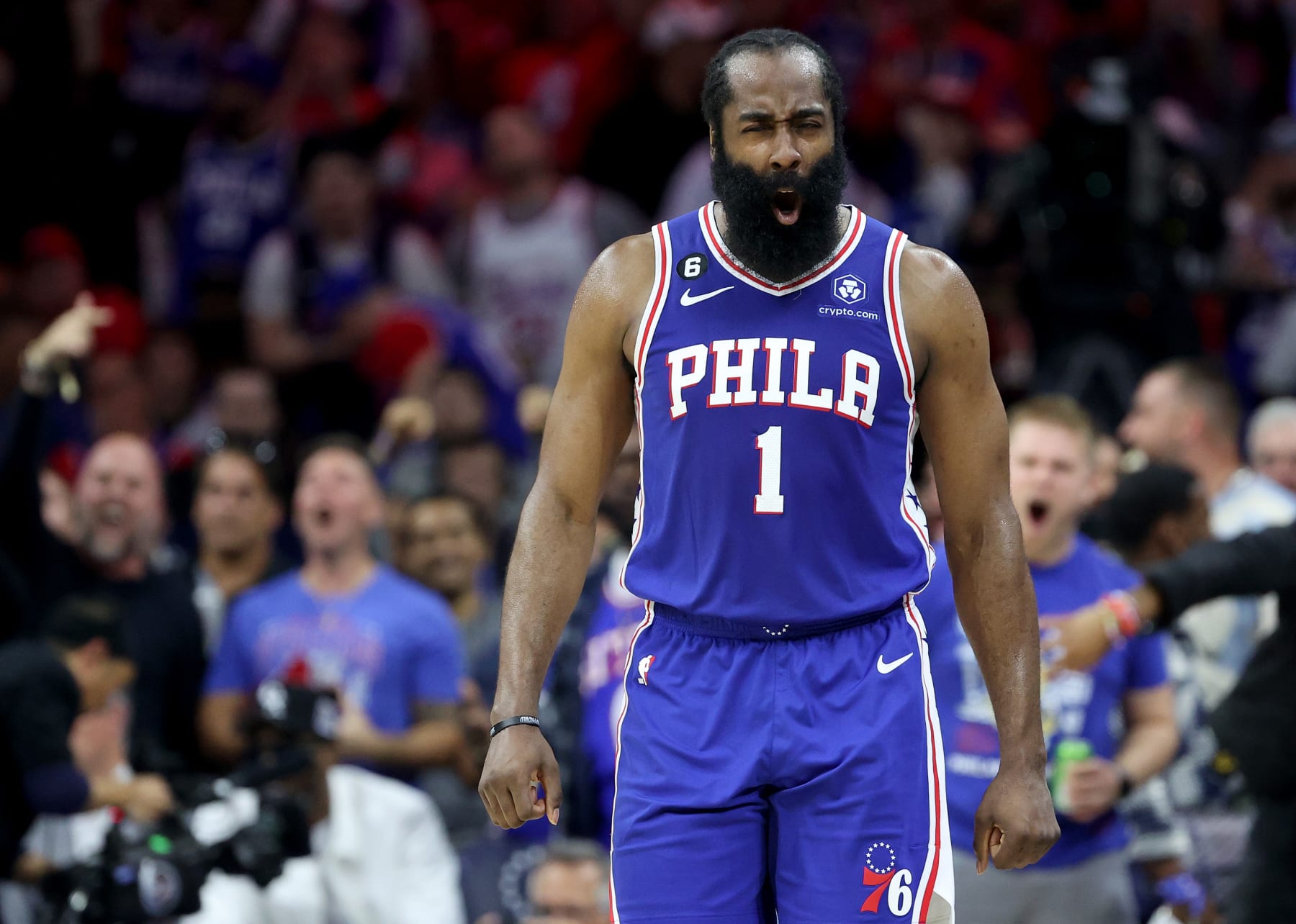 PHILADELPHIA, PENNSYLVANIA - MAY 11: James Harden #1 of the Philadelphia 76ers celebrates a basket against the Boston Celtics during the third quarter in game six of the Eastern Conference Semifinals in the 2023 NBA Playoffs at Wells Fargo Center on May 11, 2023 in Philadelphia, Pennsylvania. NOTE TO USER: User expressly acknowledges and agrees that, by downloading and or using this photograph, User is consenting to the terms and conditions of the Getty Images License Agreement. (Photo by Tim Nwachukwu/Getty Images)