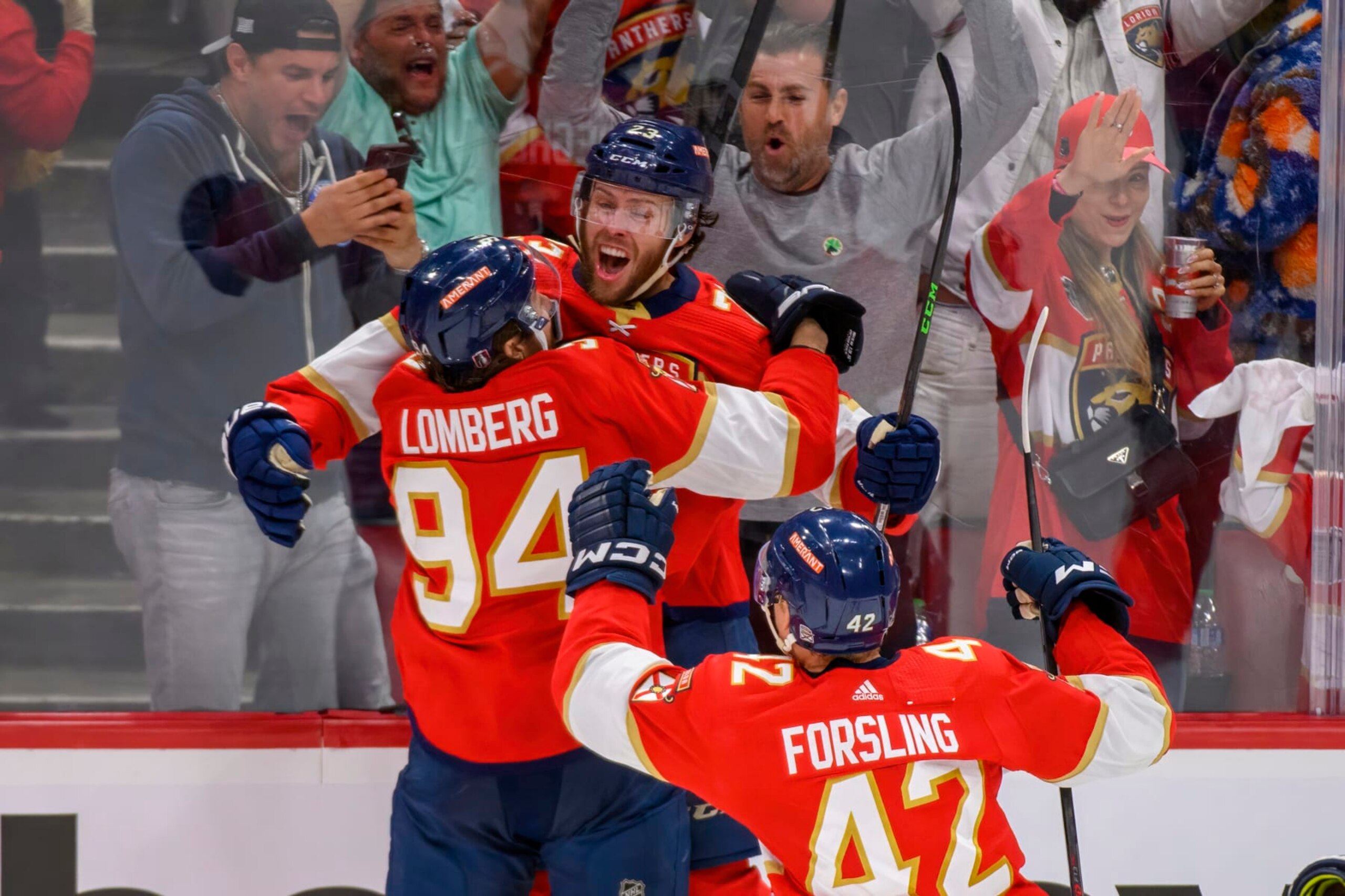 SUNRISE, FL - JUNE 08: Florida Panthers center Carter Verhaeghe (23) celebrates scoring the game winning goal with Florida Panthers left wing Ryan Lomberg (94) during Game Three of the NHL Stanley Cup Final between the Vegas Golden Knights and the Florida Panthers on June 8, 2023 at the FLA Live Arena in Sunrise, Florida. The Panthers defeated the Golden Knights 3-2 in overtime. (Photo by Doug Murray/Icon Sportswire via Getty Images) SUNRISE, FL - JUNE 08: Florida Panthers center Carter Verhaeghe (23) celebrates scoring the game winning goal with Florida Panthers left wing Ryan Lomberg (94) during Game Three of the NHL Stanley Cup Final between the Vegas Golden Knights and the Florida Panthers on June 8, 2023 at the FLA Live Arena in Sunrise, Florida. The Panthers defeated the Golden Knights 3-2 in overtime. (Photo by Doug Murray/Icon Sportswire via Getty Images)