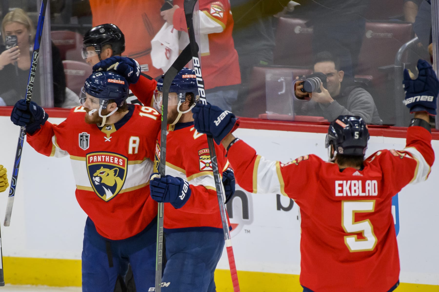 SUNRISE, FL - JUNE 08: Florida Panthers left wing Matthew Tkachuk (19) celebrates scoring a goal during Game Three of the NHL Stanley Cup Final between the Vegas Golden Knights and the Florida Panthers on June 8, 2023 at the FLA Live Arena in Sunrise, Florida. (Photo by Doug Murray/Icon Sportswire via Getty Images)