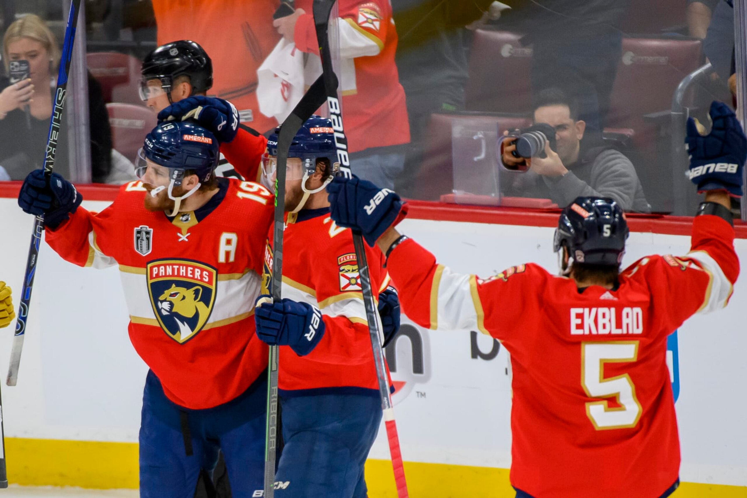 SUNRISE, FL - JUNE 08: Florida Panthers left wing Matthew Tkachuk (19) celebrates scoring a goal during Game Three of the NHL Stanley Cup Final between the Vegas Golden Knights and the Florida Panthers on June 8, 2023 at the FLA Live Arena in Sunrise, Florida. (Photo by Doug Murray/Icon Sportswire via Getty Images) SUNRISE, FL - JUNE 08: Florida Panthers left wing Matthew Tkachuk (19) celebrates scoring a goal during Game Three of the NHL Stanley Cup Final between the Vegas Golden Knights and the Florida Panthers on June 8, 2023 at the FLA Live Arena in Sunrise, Florida. (Photo by Doug Murray/Icon Sportswire via Getty Images)