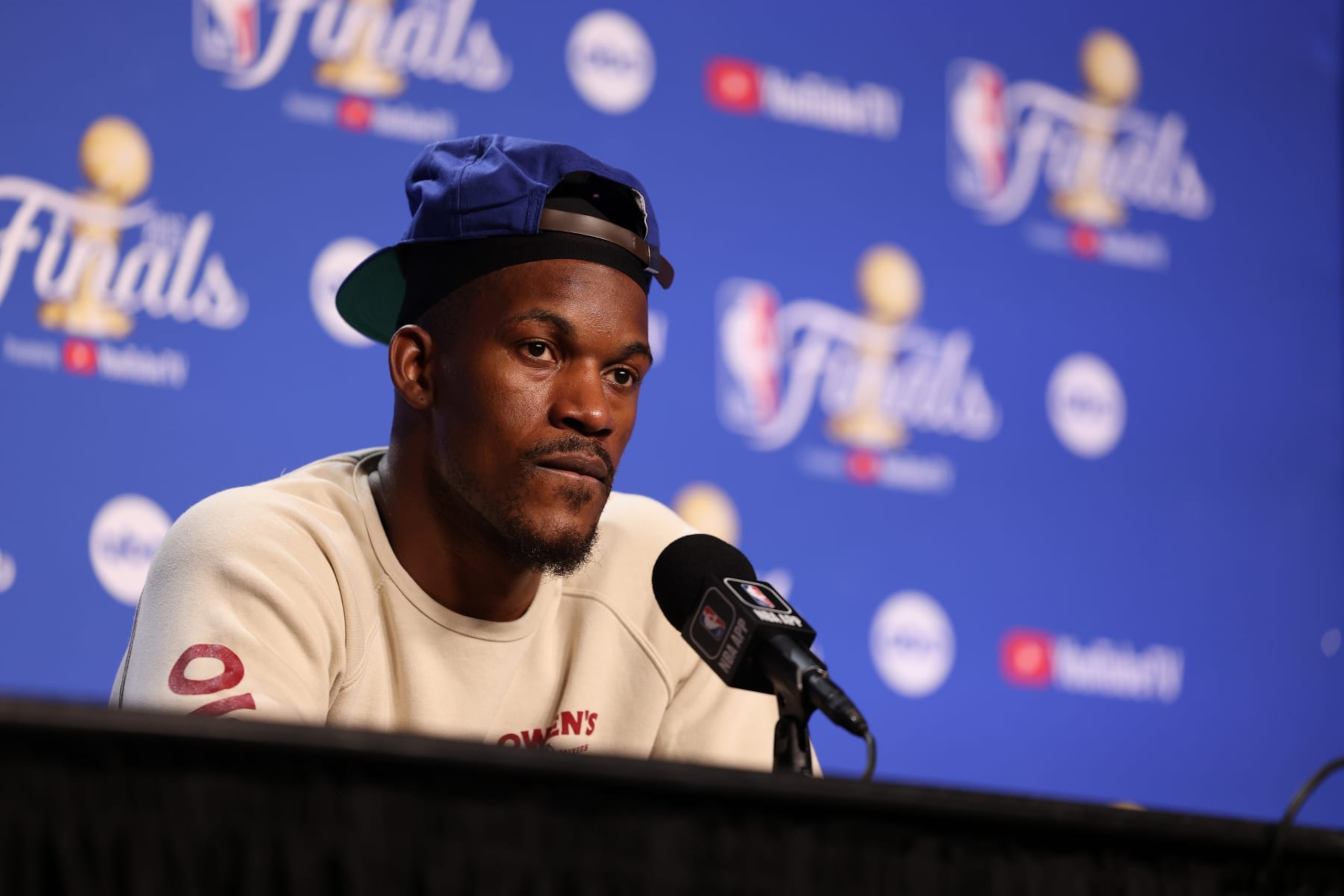 MIAMI, FL - JUNE 8: Jimmy Butler #22 of the Miami Heat talks to the media during 2023 NBA Finals Practice and Media Availability on June 8, 2023 at the Kaseya Center in Miami, Florida. NOTE TO USER: User expressly acknowledges and agrees that, by downloading and/or using this Photograph, user is consenting to the terms and conditions of the Getty Images License Agreement. Mandatory Copyright Notice: Copyright 2023 NBAE (Photo by Robby Illanes/NBAE via Getty Images)