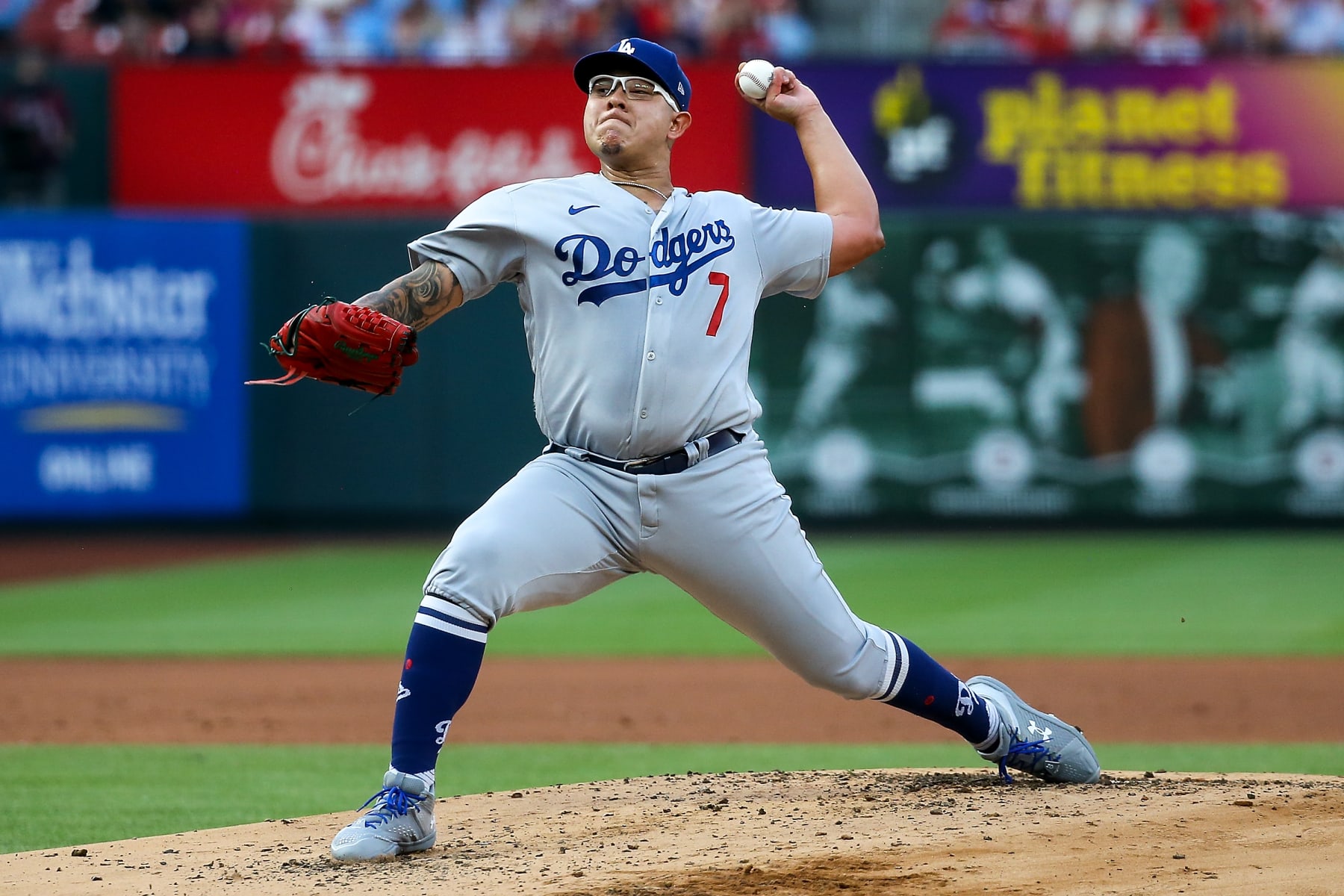 ST. LOUIS, MO - MAY 18: Starter Julio Urias #7 of the Los Angeles Dodgers delivers a pitch during the first inning against the St. Louis Cardinals at Busch Stadium on May 18, 2023 in St. Louis, Missouri. (Photo by Scott Kane/Getty Images)