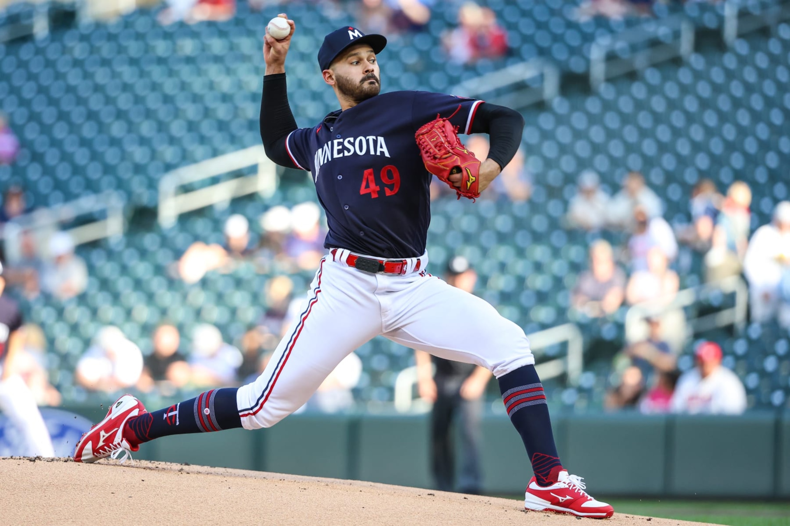 MINNEAPOLIS, MN - JUNE 1: Pablo Lopez #49 of the Minnesota Twins delivers during the first inning against the Cleveland Guardians at Target Field on June 1, 2023 in Minneapolis, Minnesota. (Photo by Matt Krohn/Getty Images)