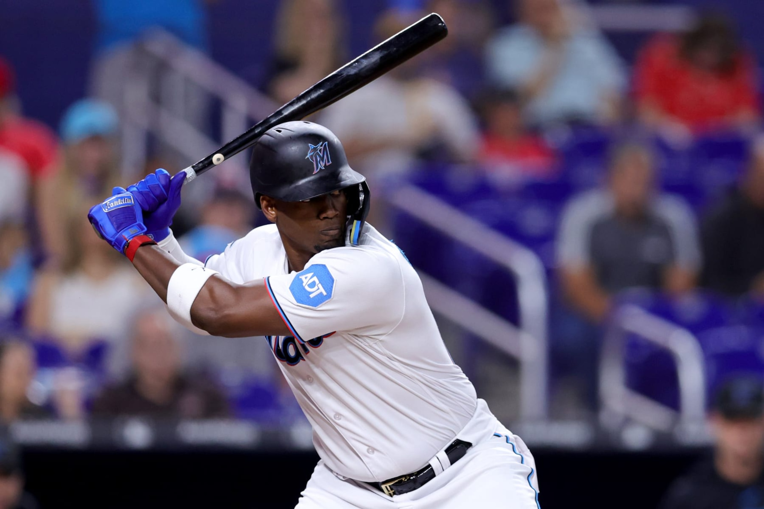 MIAMI, FLORIDA - MAY 31: Jorge Soler #12 of the Miami Marlins at bat against the San Diego Padres during the first inning at loanDepot park on May 31, 2023 in Miami, Florida. (Photo by Megan Briggs/Getty Images)
