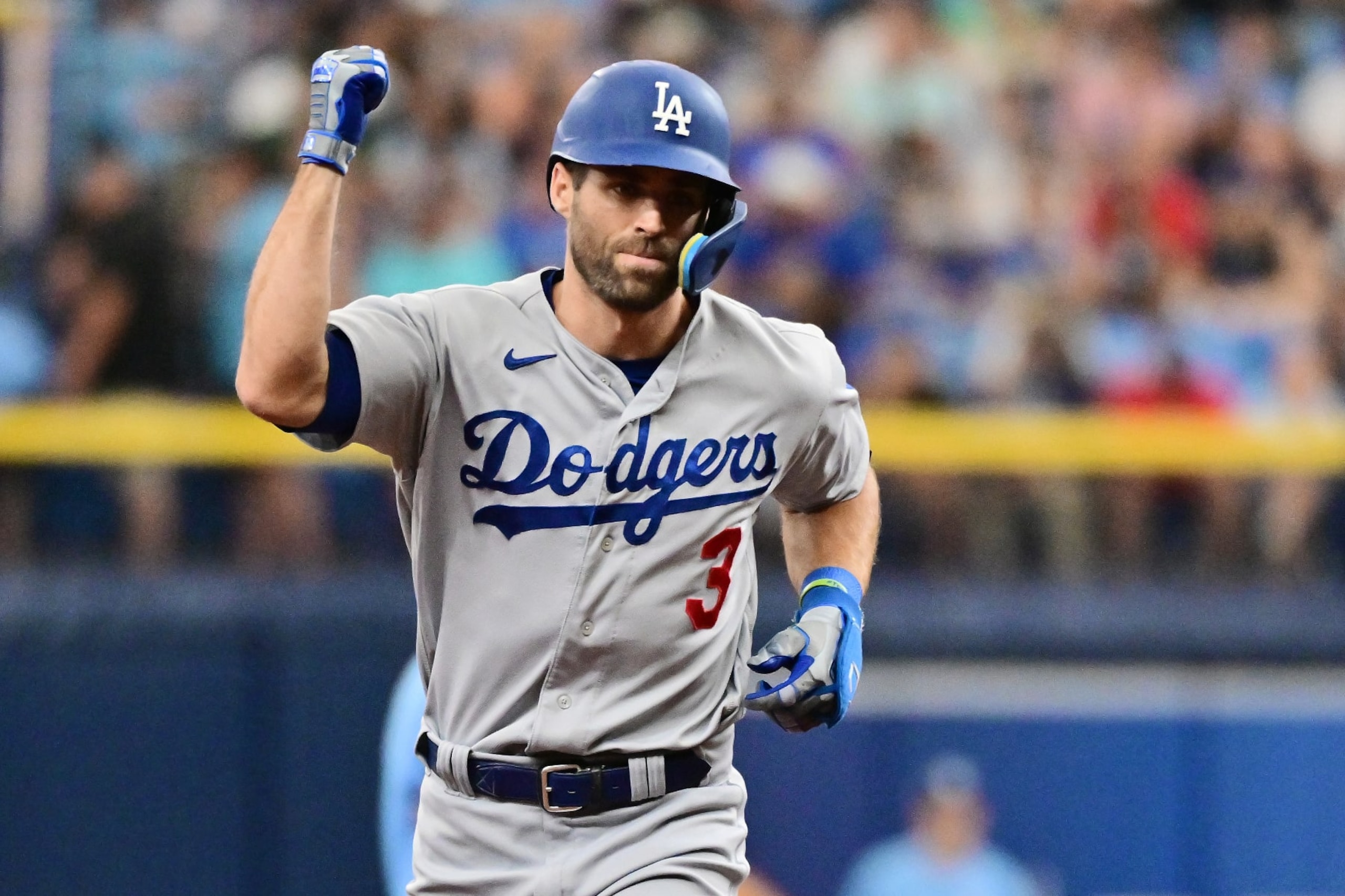 ST PETERSBURG, FLORIDA - MAY 28: Chris Taylor #3 of the Los Angeles Dodgers reacts after hitting home run in the second inning against the Tampa Bay Rays at Tropicana Field on May 28, 2023 in St Petersburg, Florida. (Photo by Julio Aguilar/Getty Images)