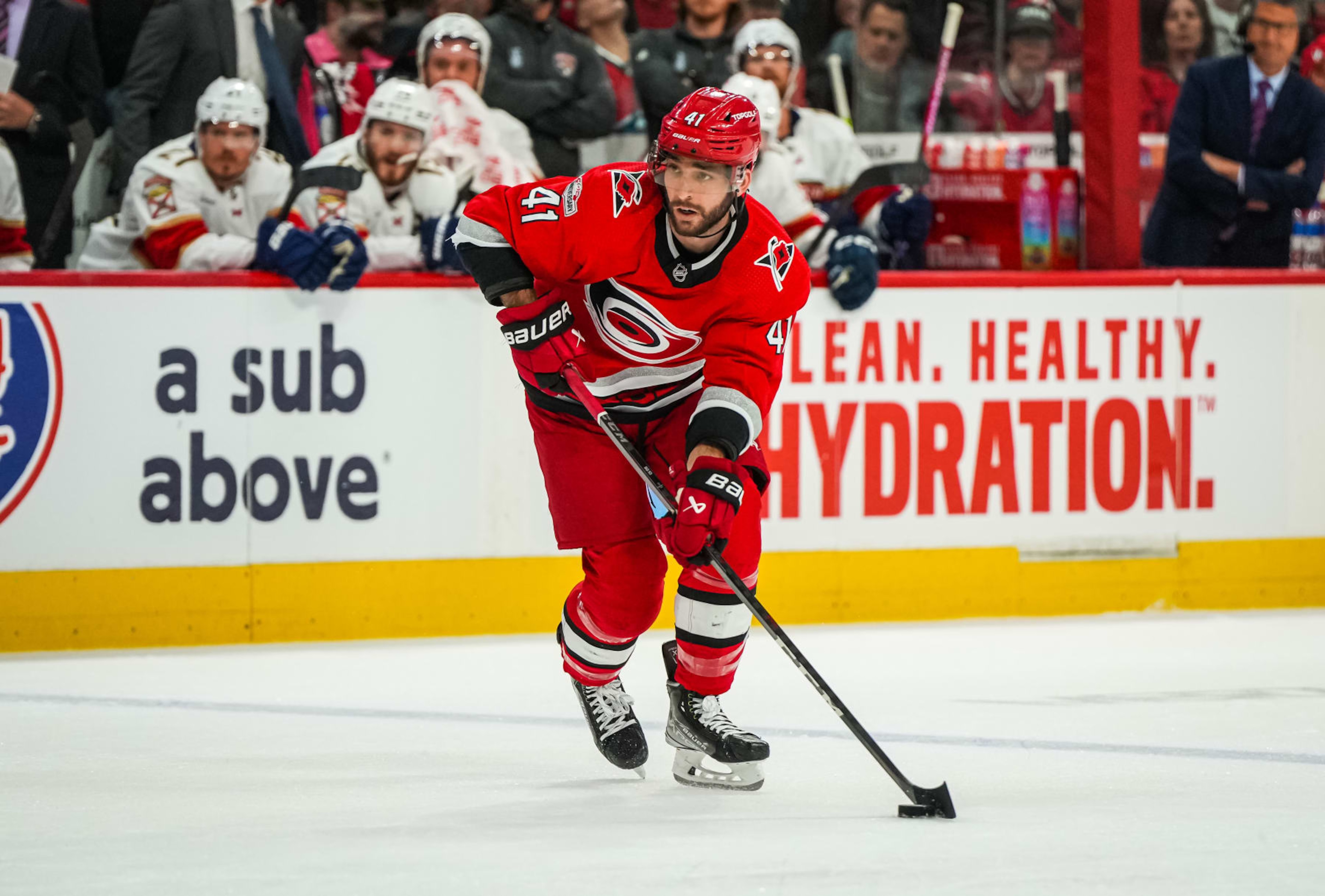 RALEIGH, NORTH CAROLINA - MAY 20: Shayne Gostisbehere #41 of the Carolina Hurricanes skates during the first period against the Florida Panthers in Game Two of the Eastern Conference Final of the 2023 Stanley Cup Playoffs at PNC Arena on May 20, 2023 in Raleigh, North Carolina. (Photo by Josh Lavallee/NHLI via Getty Images) RALEIGH, NORTH CAROLINA - MAY 20: Shayne Gostisbehere #41 of the Carolina Hurricanes skates during the first period against the Florida Panthers in Game Two of the Eastern Conference Final of the 2023 Stanley Cup Playoffs at PNC Arena on May 20, 2023 in Raleigh, North Carolina. (Photo by Josh Lavallee/NHLI via Getty Images)