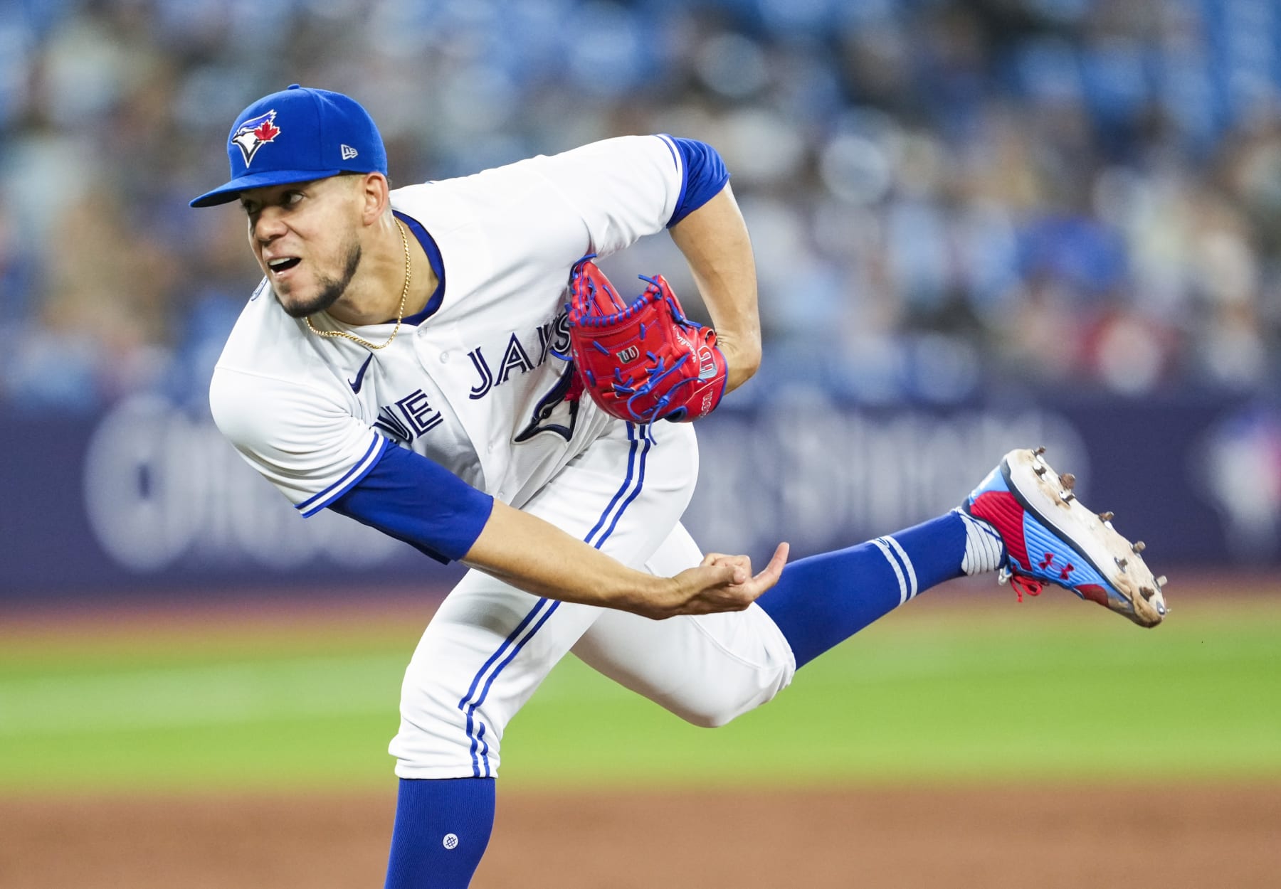 TORONTO, ON - JUNE 8: Jose Berrios #17 of the Toronto Blue Jays pitches against the Houston Astros in the third inning at the Rogers Centre on June 8, 2023 in Toronto, Ontario, Canada. (Photo by Mark Blinch/Getty Images)