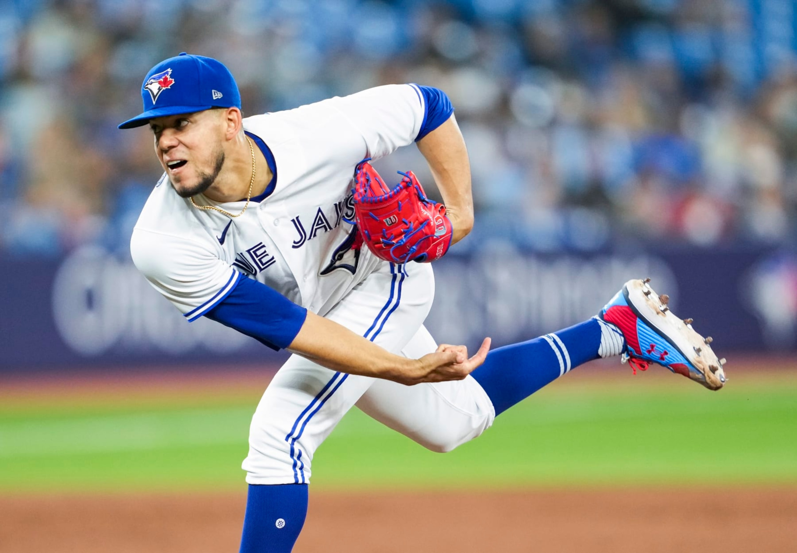 TORONTO, ON - JUNE 8: Jose Berrios #17 of the Toronto Blue Jays pitches against the Houston Astros in the third inning at the Rogers Centre on June 8, 2023 in Toronto, Ontario, Canada. (Photo by Mark Blinch/Getty Images)