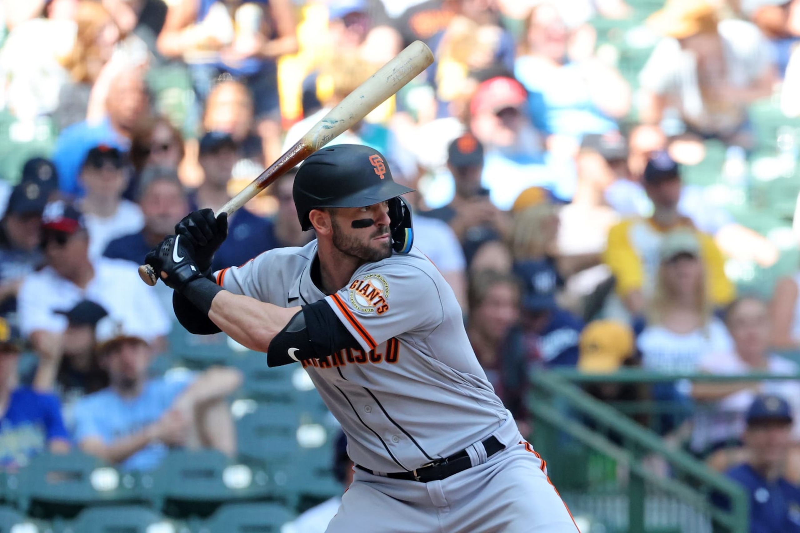 MILWAUKEE, WISCONSIN - MAY 28: Mitch Haniger #17 of the San Francisco Giants at bat during a game against the Milwaukee Brewers at American Family Field on May 28, 2023 in Milwaukee, Wisconsin. (Photo by Stacy Revere/Getty Images)