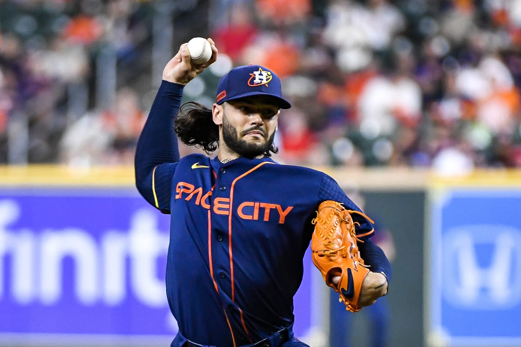 HOUSTON, TEXAS - OCTOBER 03: Lance McCullers Jr. #43 of the Houston Astros pitches in the first inning against the Philadelphia Phillies at Minute Maid Park on October 03, 2022 in Houston, Texas. (Photo by Logan Riely/Getty Images)
