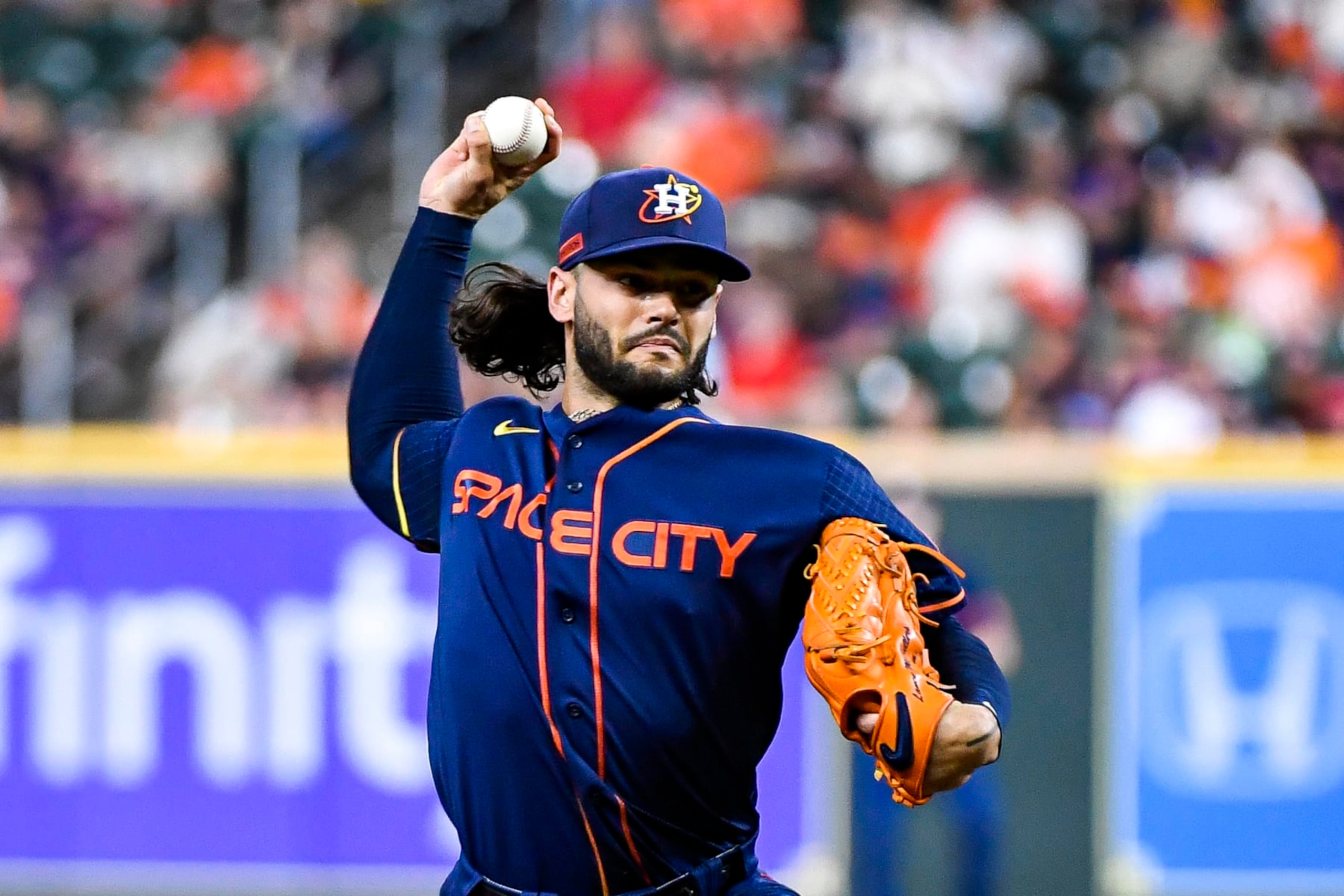 HOUSTON, TEXAS - OCTOBER 03: Lance McCullers Jr. #43 of the Houston Astros pitches in the first inning against the Philadelphia Phillies at Minute Maid Park on October 03, 2022 in Houston, Texas. (Photo by Logan Riely/Getty Images)