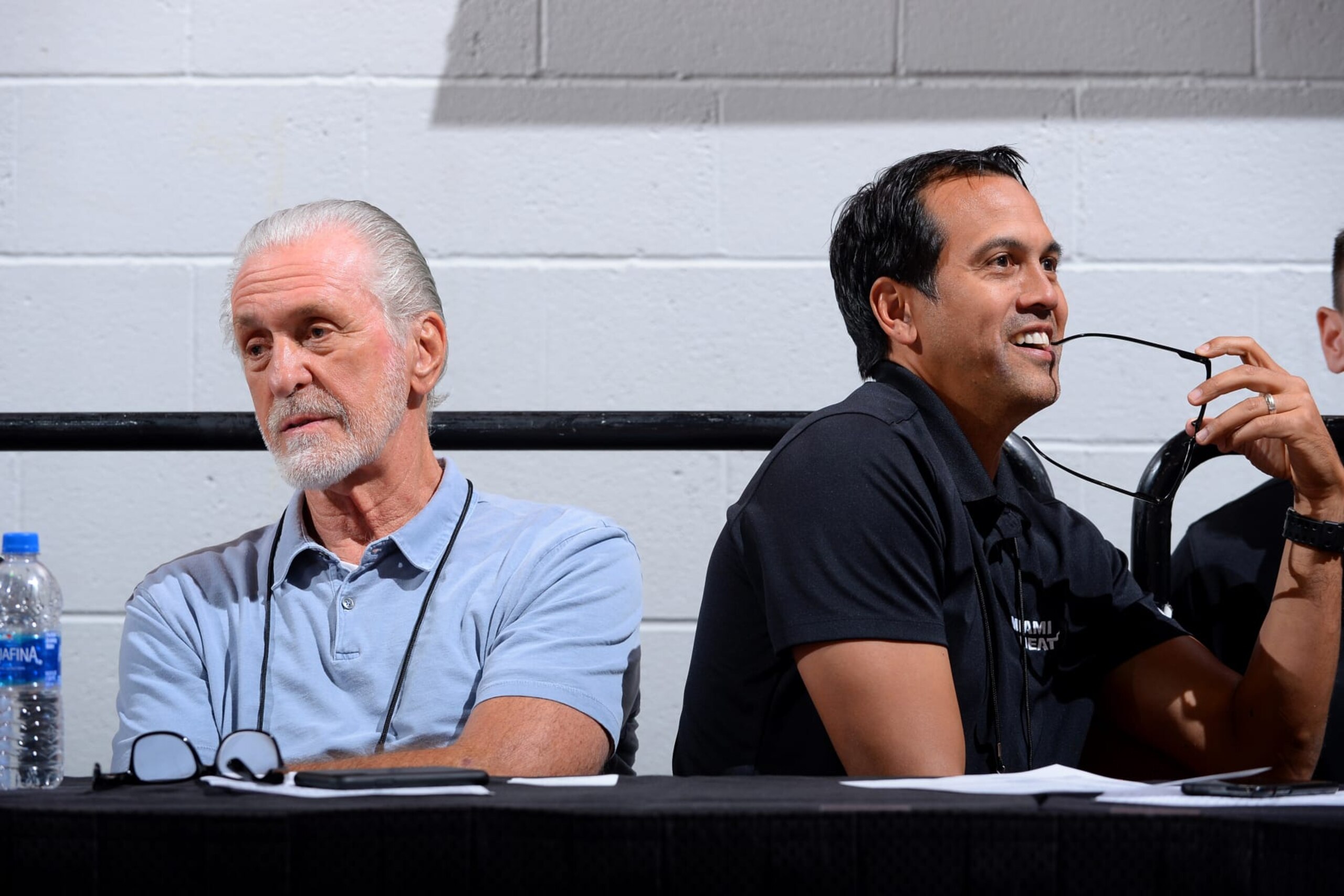 LAS VEGAS, NV - JULY 9: Pat Riley and Head Coach Erik Spoelstra of the Miami Heat attend the game against the Orlando Magic on July 9, 2019 at the Cox Pavilion in Las Vegas, Nevada. NOTE TO USER: User expressly acknowledges and agrees that, by downloading and/or using this photograph, user is consenting to the terms and conditions of the Getty Images License Agreement. Mandatory Copyright Notice: Copyright 2019 NBAE (Photo by Bart Young/NBAE via Getty Images)