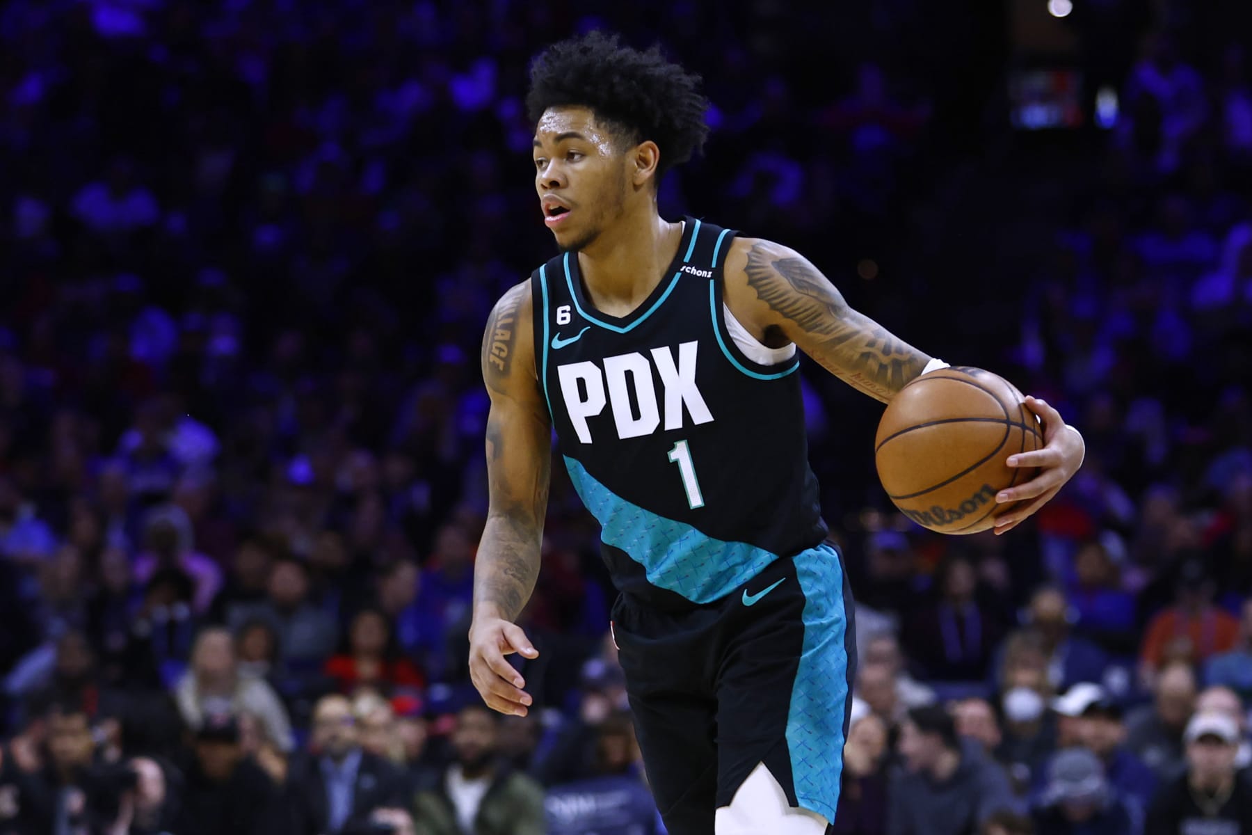 PHILADELPHIA, PA - MARCH 10: Anfernee Simons #1 of the Portland Trail Blazers in action against the Philadelphia 76ers during a game at Wells Fargo Center on March 10, 2023 in Philadelphia, Pennsylvania. The 76ers defeated the Trail Blazers 120-119. NOTE TO USER: User expressly acknowledges and agrees that, by downloading and or using this photograph, User is consenting to the terms and conditions of the Getty Images License Agreement. (Photo by Rich Schultz/Getty Images)