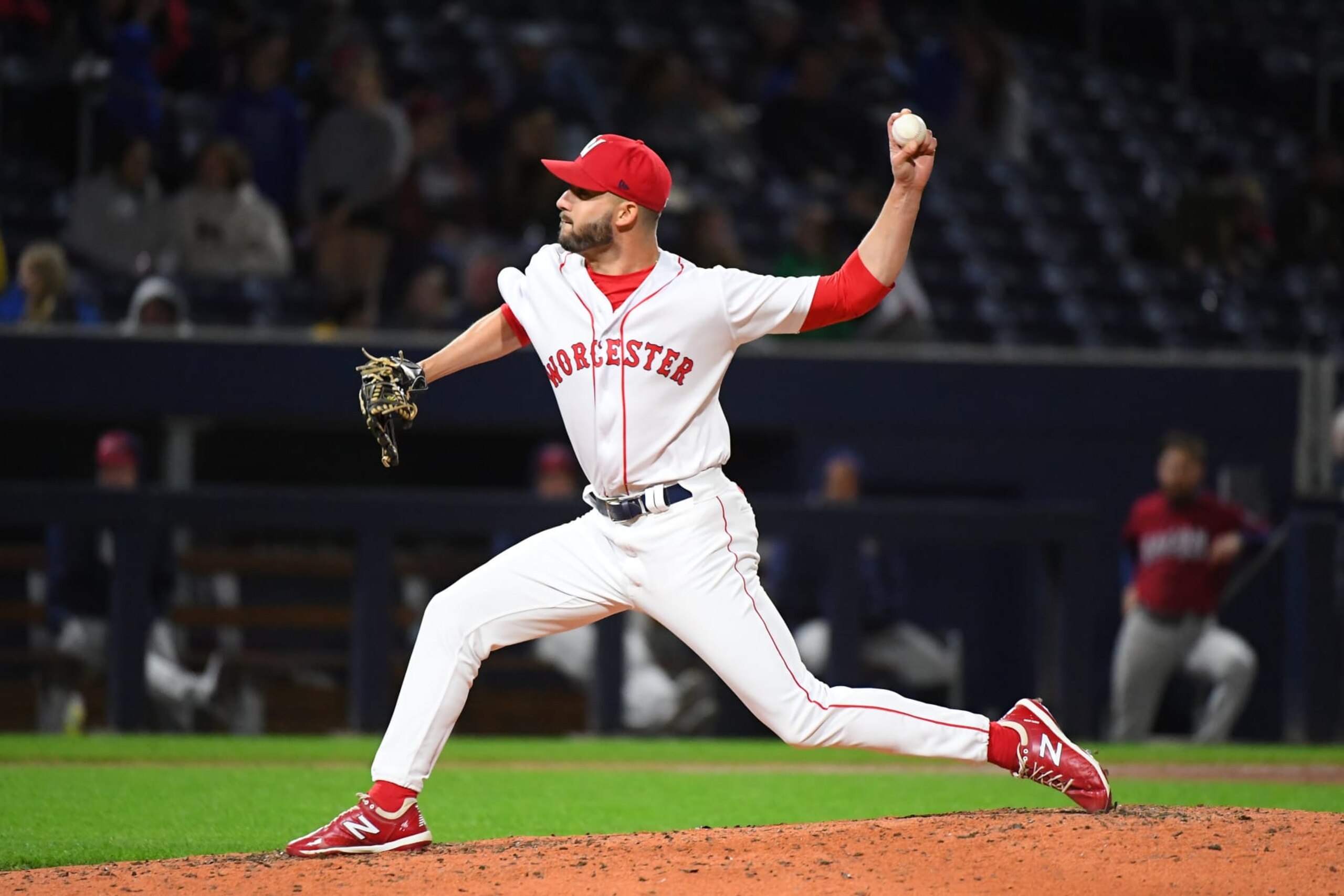 WORCESTER, MA - MAY 18: Worcester Red Sox LHP Joe Jacques (55) throws a pitch during a AAA MiLB game between the Lehigh Valley IronPigs and the Worcester Red Sox on May 18, 2023, at Polar Park in Worcester, MA. (Photo by Erica Denhoff/Icon Sportswire via Getty Images)